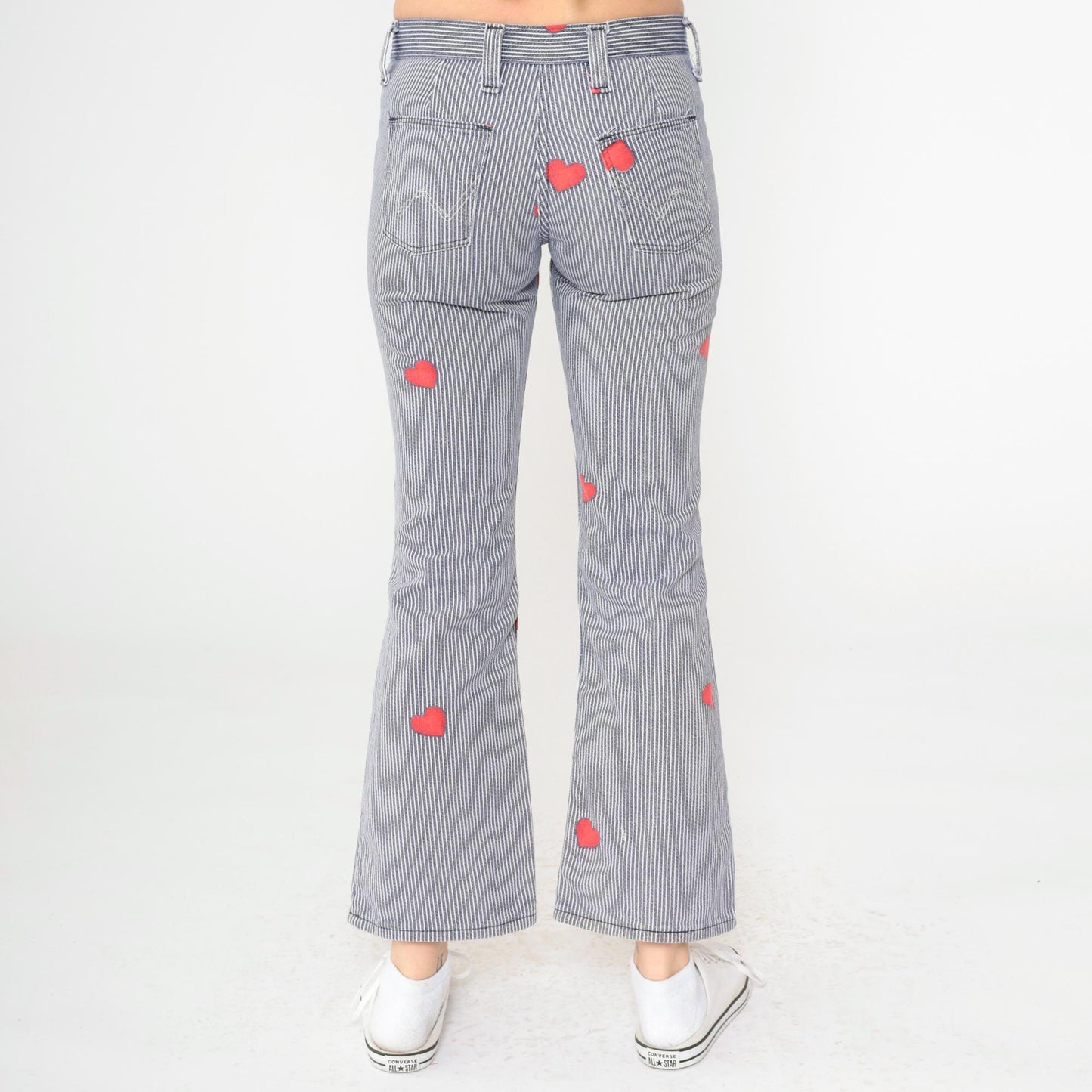 70s Wrangler Bell Bottom Jeans Hickory Striped Heart Patch Blue XXS