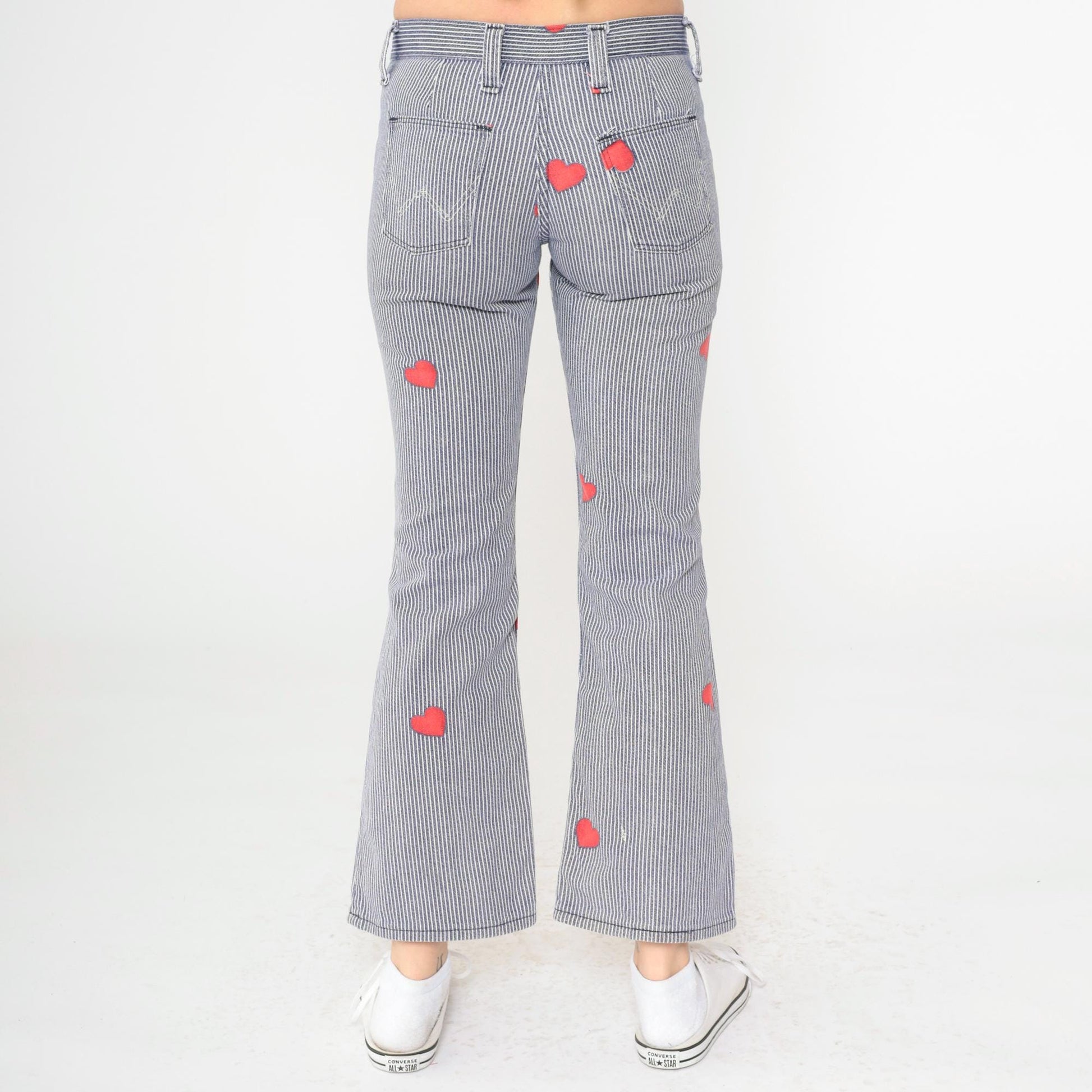70s Wrangler Bell Bottom Jeans Hickory Striped Heart Patch Blue XXS