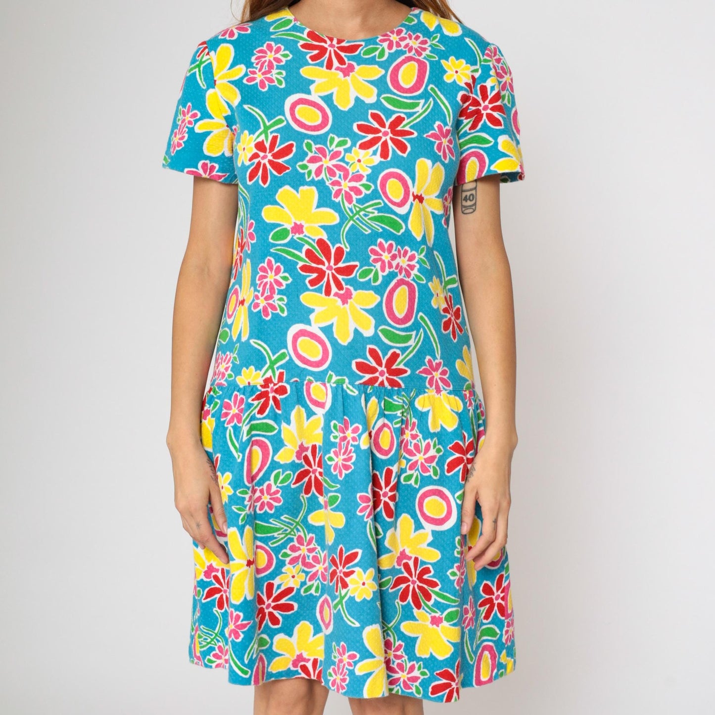 90s Adrienne Vittadini Floral Dress Drop Waist Knee Length Cotton Medium