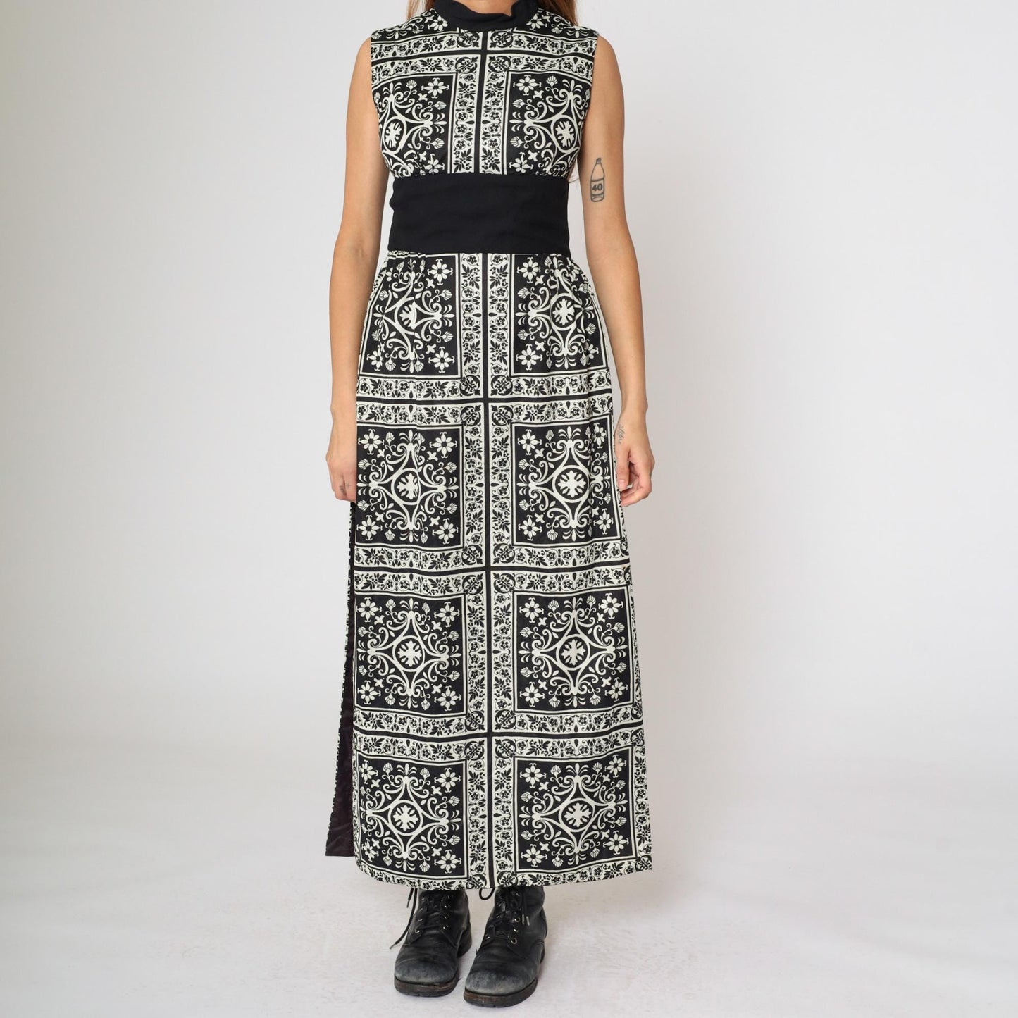 70s Black White Damask Floral Maxi Dress Mock Neck High Slit Small