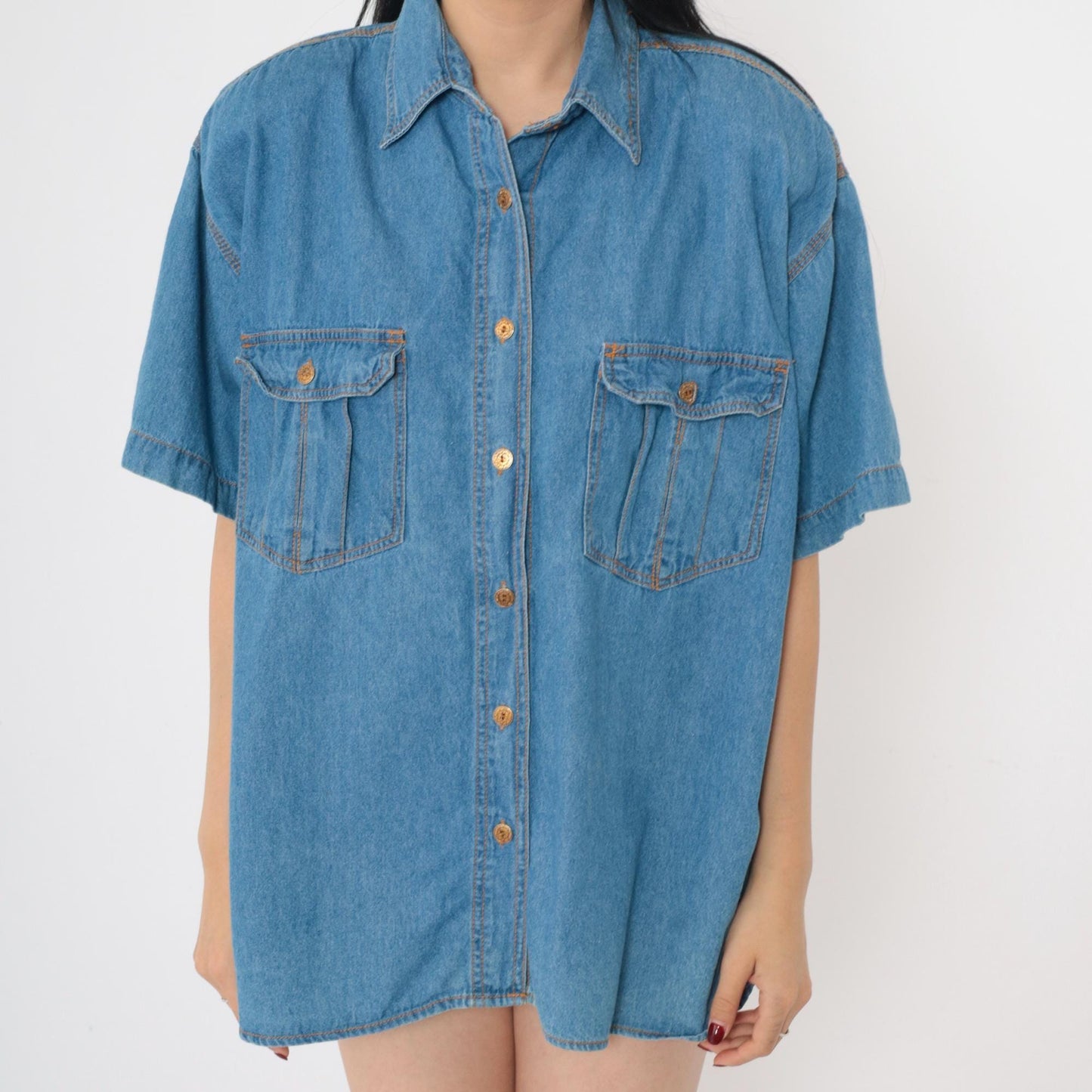 90s Blue Denim Button-Up Shirt Short Sleeve Collared Cotton Medium