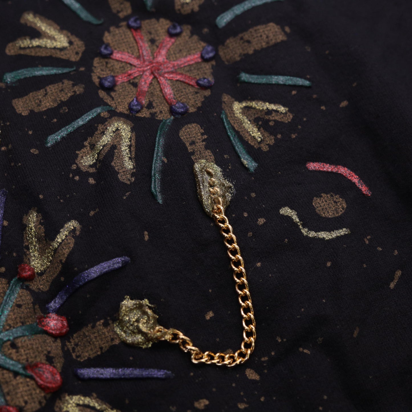 90s Hand Painted Beaded Geometric Sweatshirt Black Raglan Crewneck Medium M