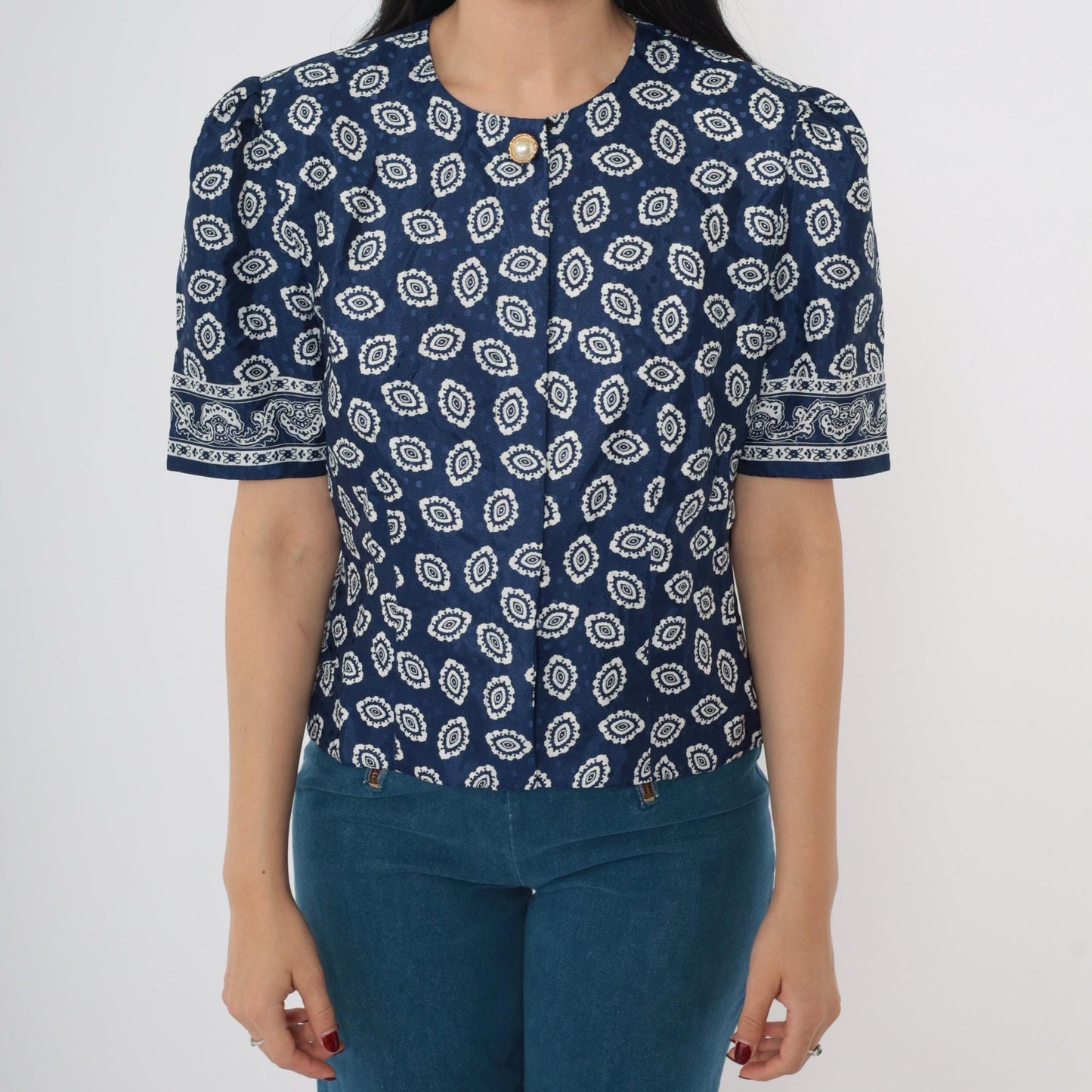 80s Blue Geometric Medallion Puff Sleeve Blouse Pearl Button Small
