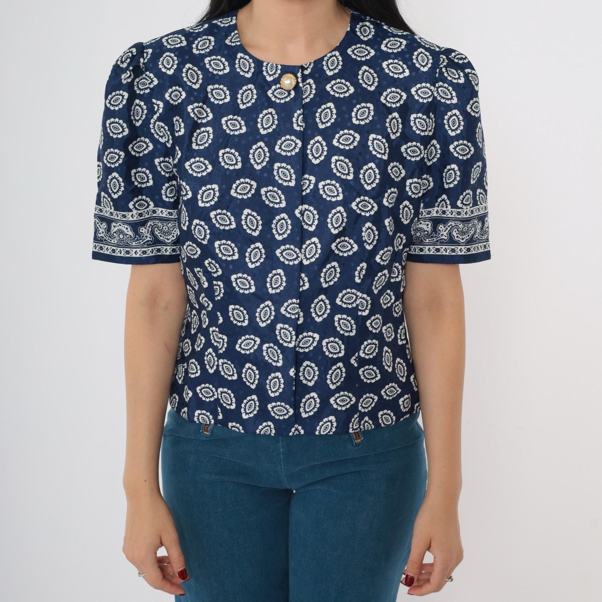 80s Blue Geometric Medallion Puff Sleeve Blouse Pearl Button Small