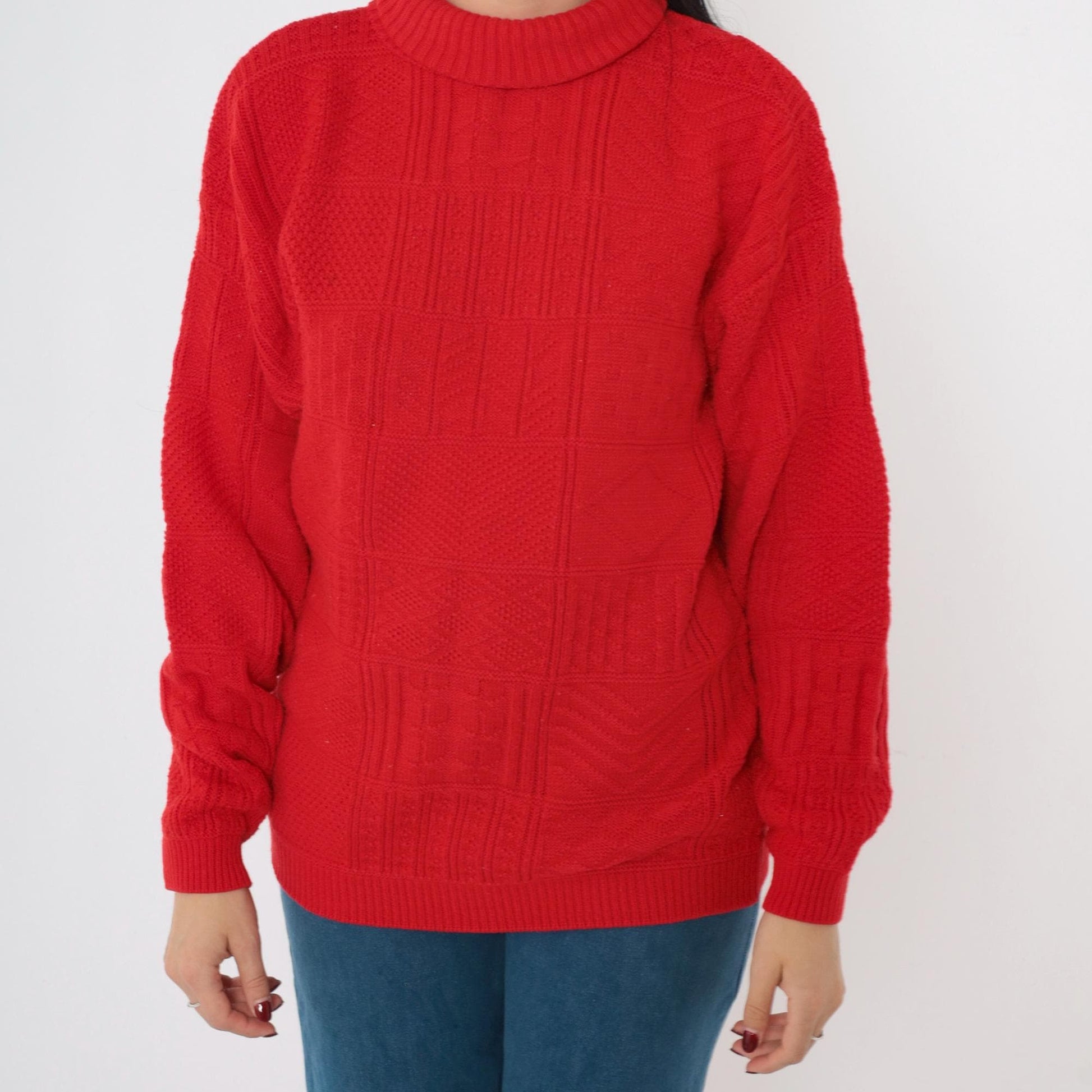 80s Red Textured Turtleneck Sweater Acrylic Knit Pullover Medium M