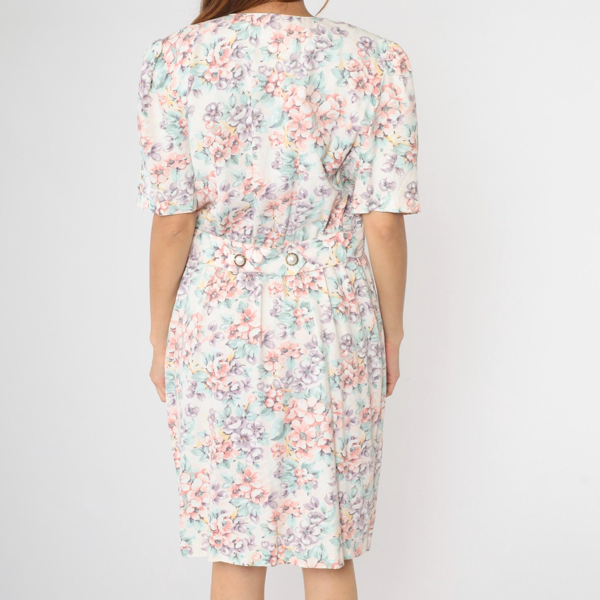 80s Caroline Wells Floral Midi Dress White Puff Sleeve Pearl Button Medium