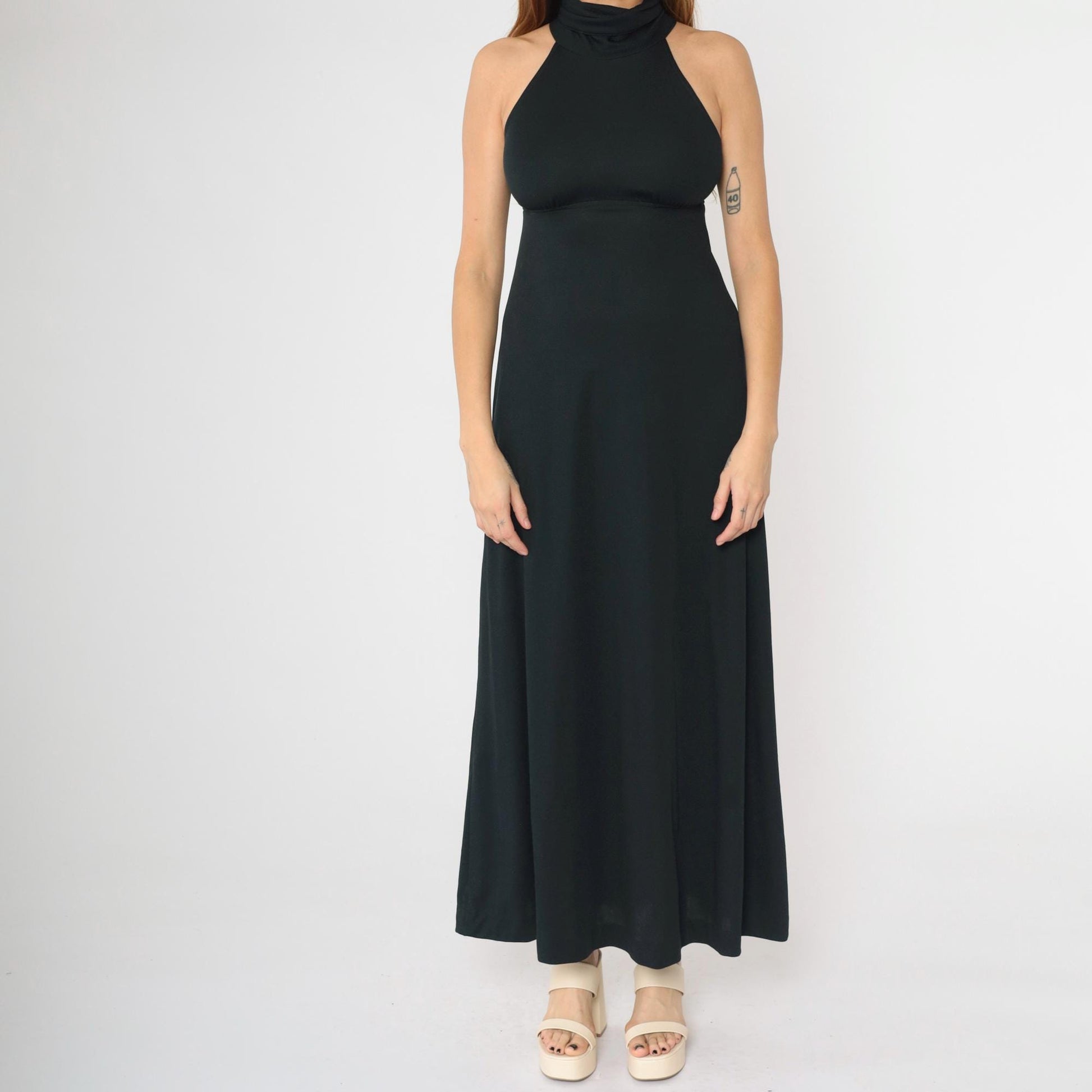 70s Black Maxi Dress Racerback Keyhole Cutout Empire Waist Turtleneck XS