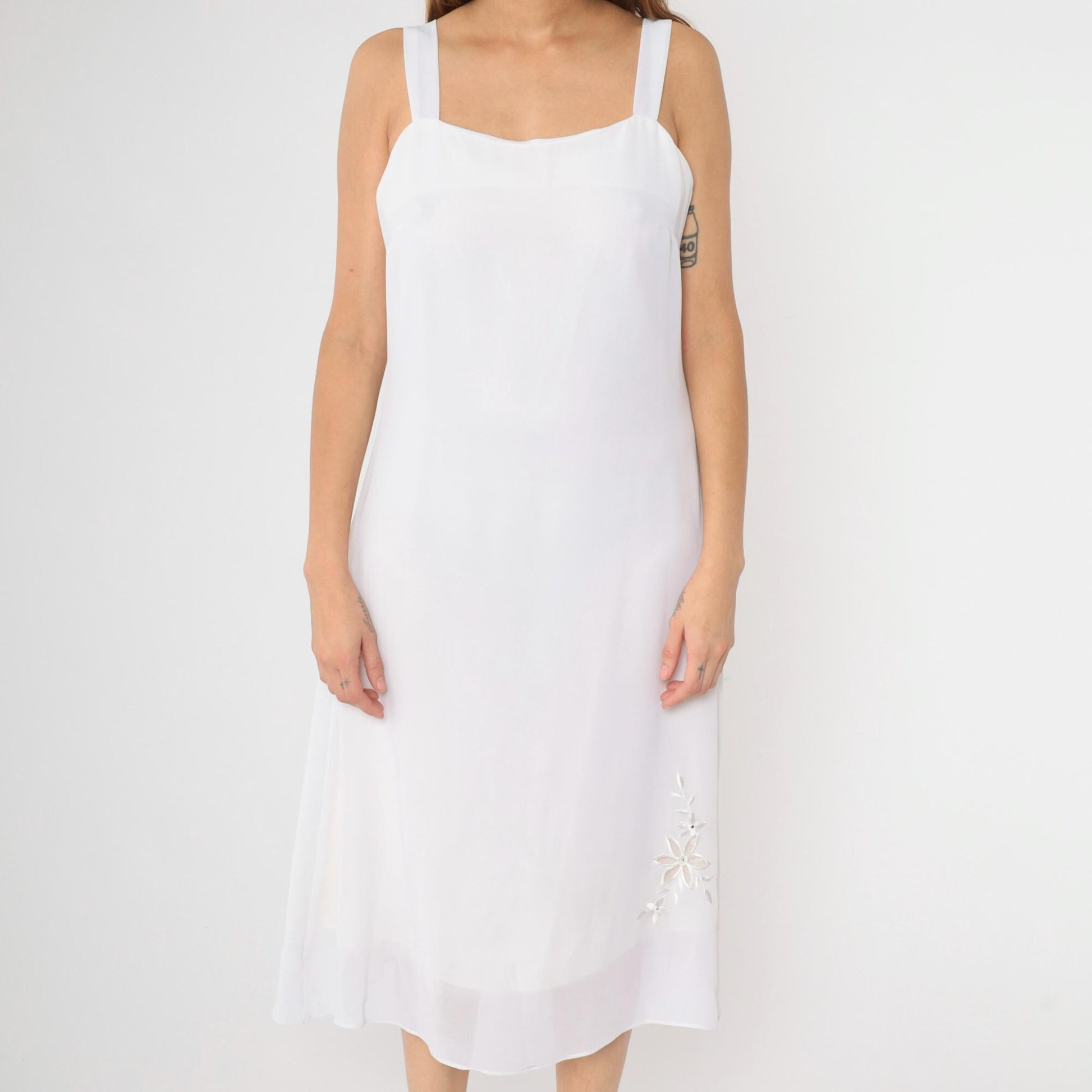 90s White Chiffon Midi Dress Floral Embroidered Cutwork Rhinestone Medium