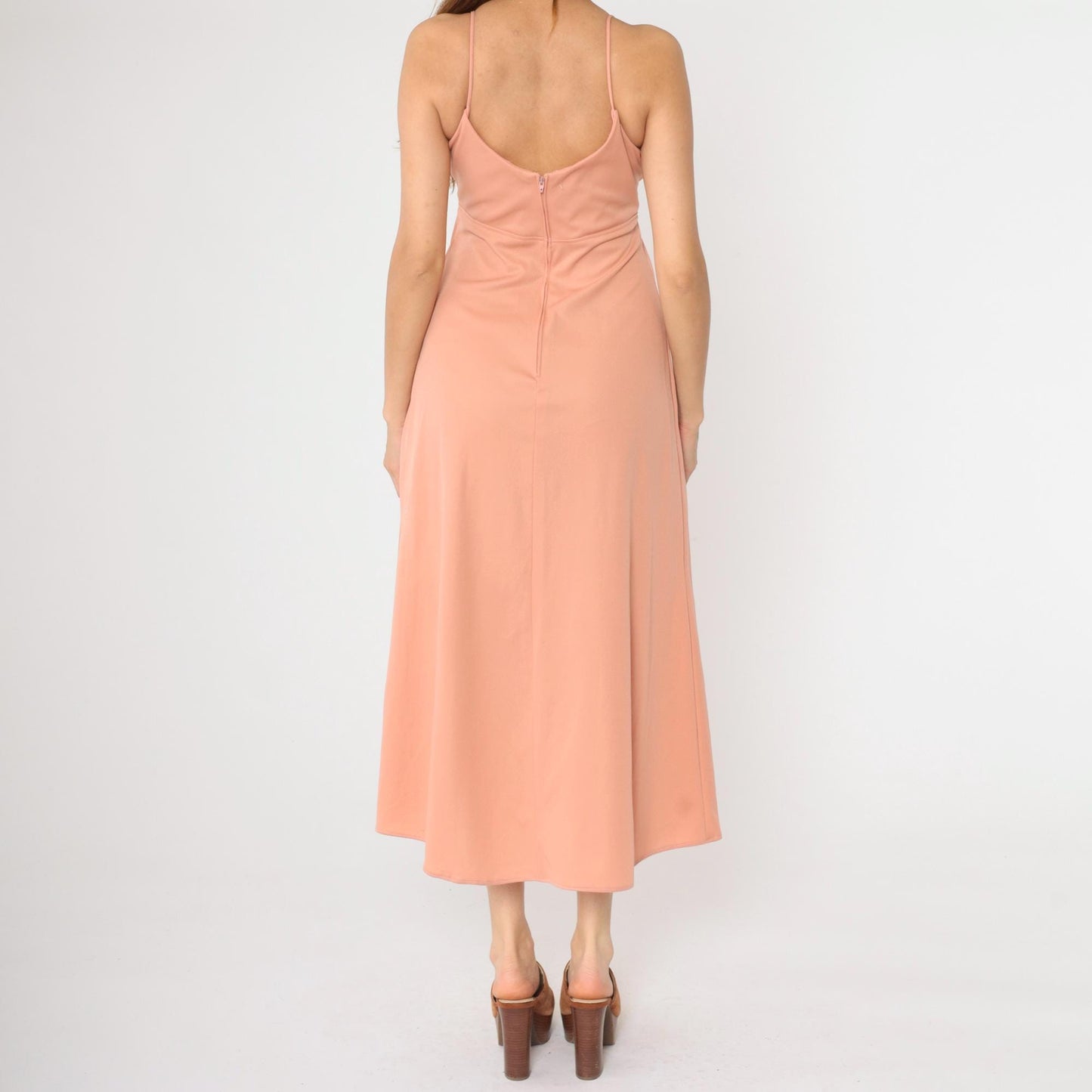 1970s Dusty Pink Empire Waist Maxi Dress V-Neck Spaghetti Strap Small