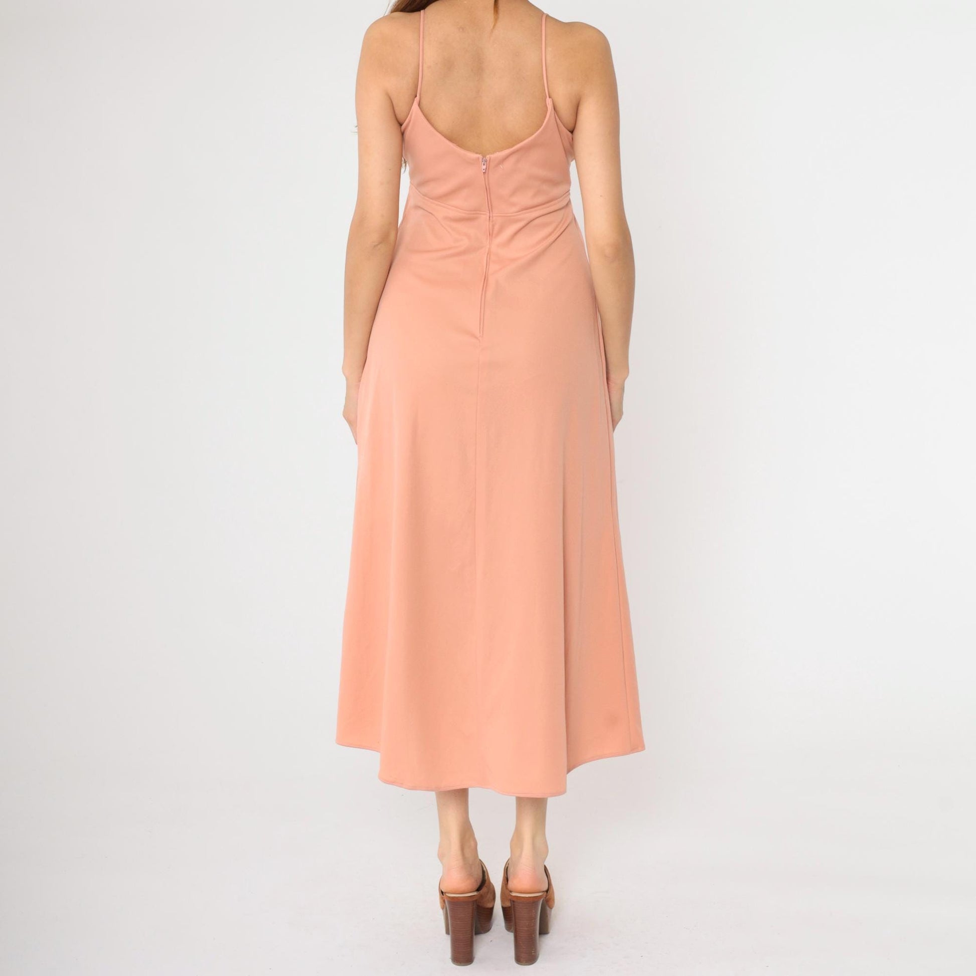 1970s Dusty Pink Empire Waist Maxi Dress V-Neck Spaghetti Strap Small