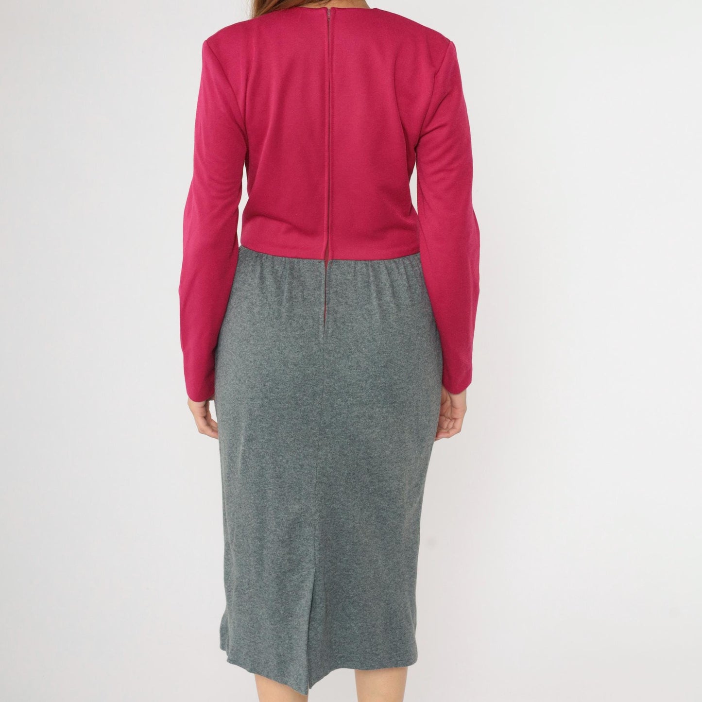 80s Leslie Fay Two-Tone Midi Dress Fuchsia Grey Pleated Small