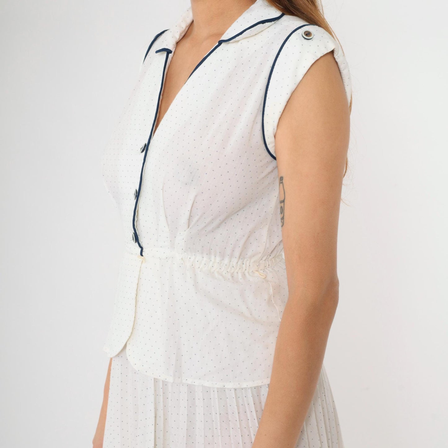 70s White Polka Dot Midi Dress Navy Piping Cap Sleeve Peplum Extra Small XS
