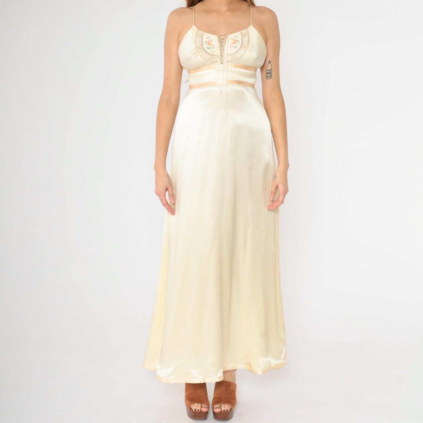 70s Gunne Sax Cream Satin Maxi Dress Floral Embroidered Empire Waist Extra Small