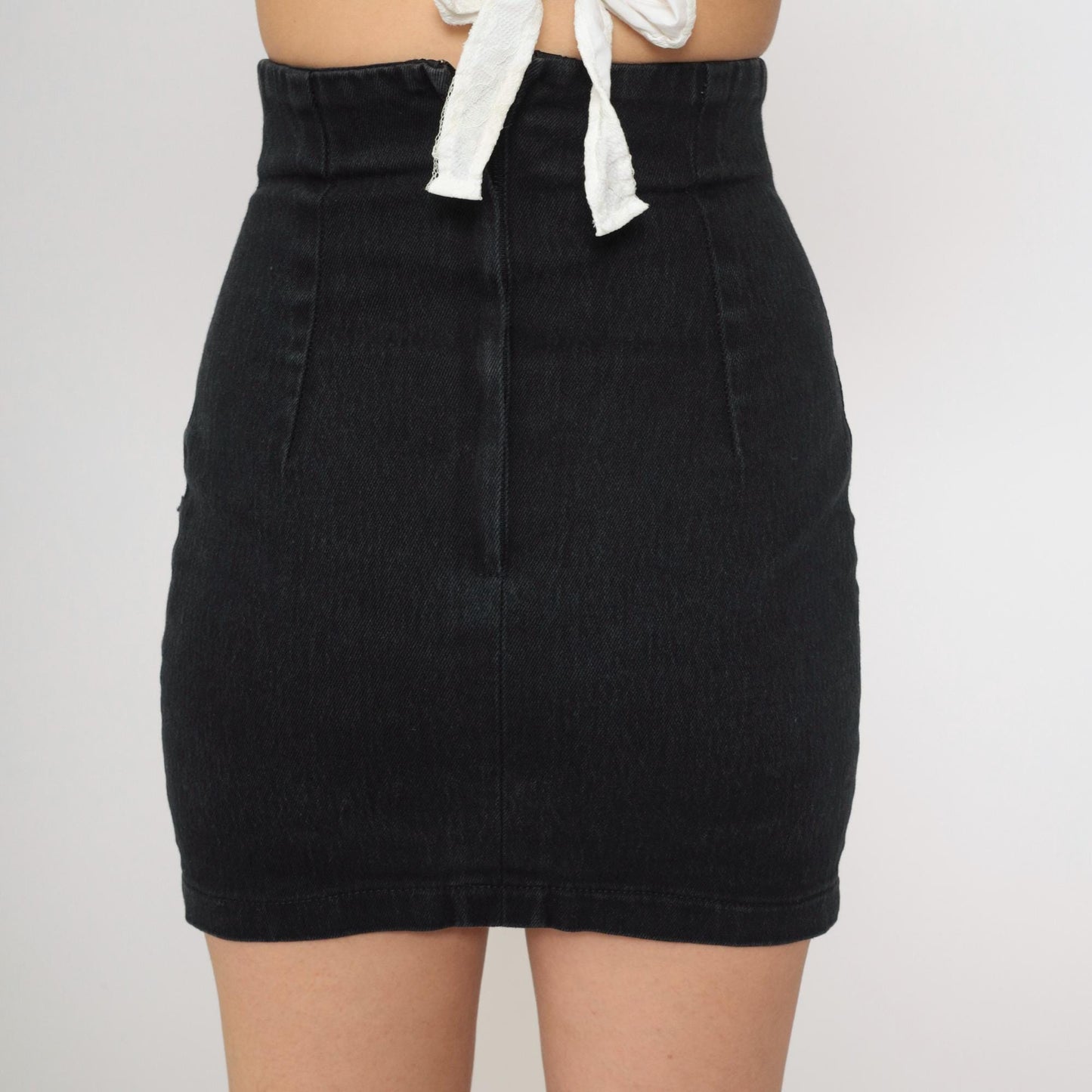 90s Black Denim Mini Skirt High Waist Bodycon Jean Skirt Extra Small
