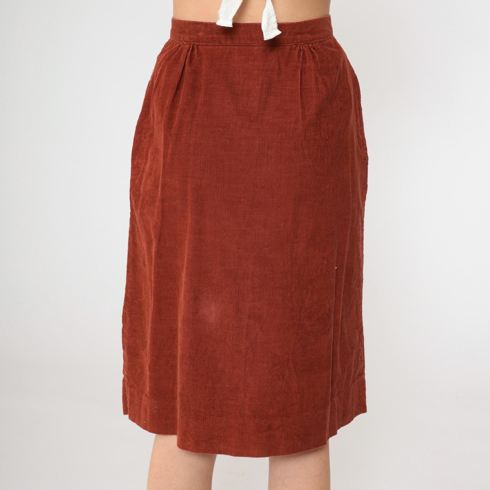 80s Rust Corduroy Midi Skirt High Waist Front Slit Pockets Small