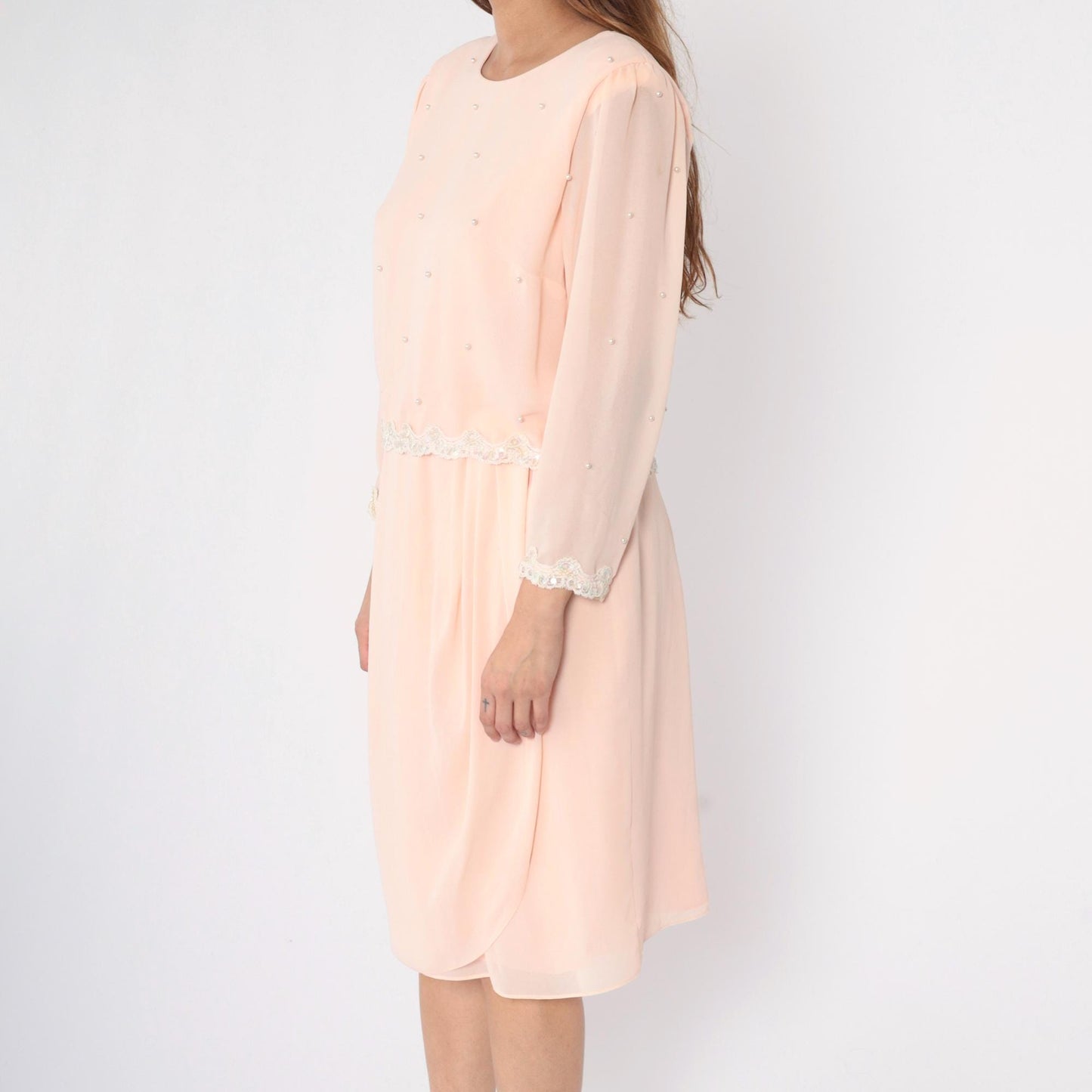 80s Miss Elliette Baby Pink Chiffon Midi Dress Puff Sleeve Beaded Sequin Medium