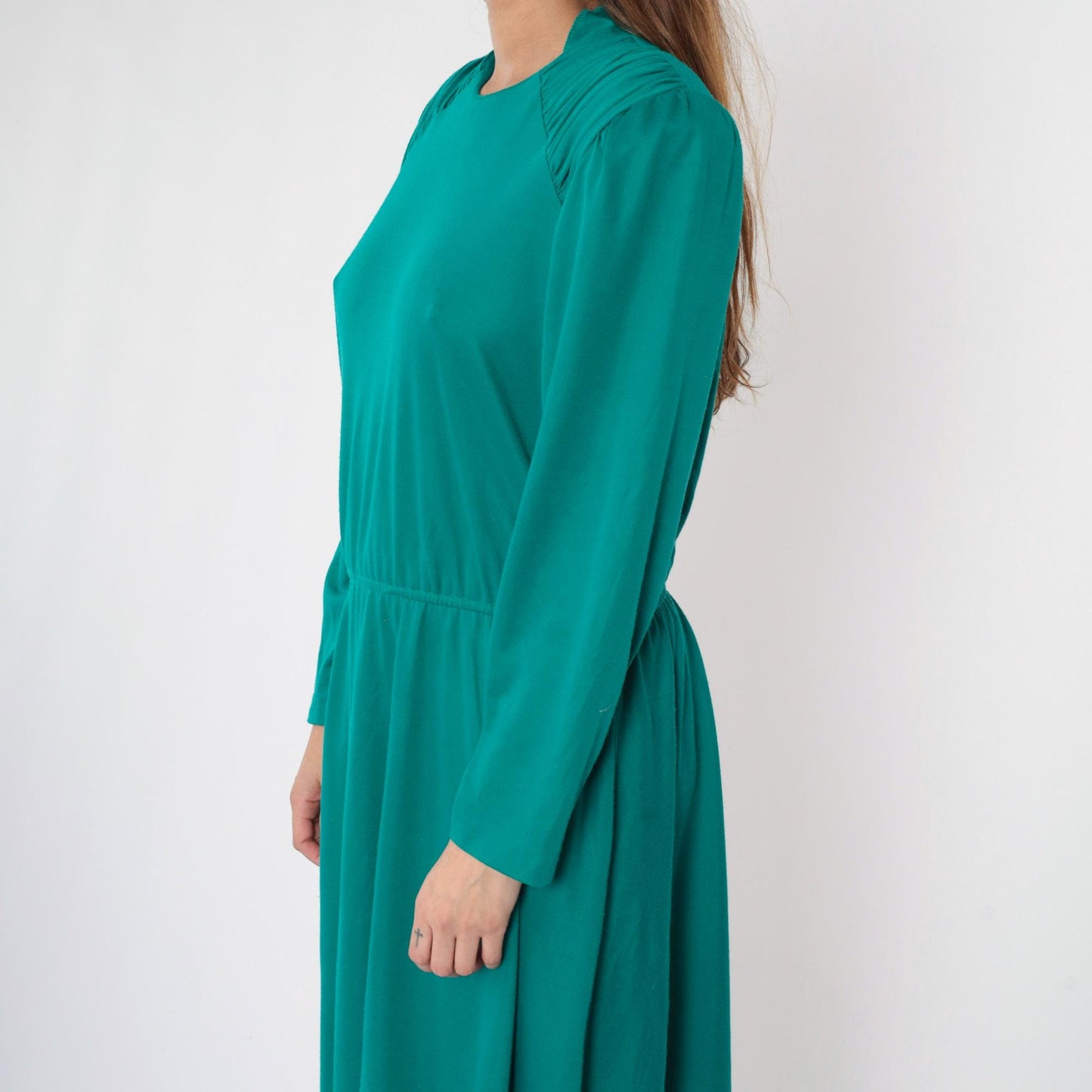 80s Teal Midi Dress Puff Sleeve High Waist Ruched Shoulders Large L