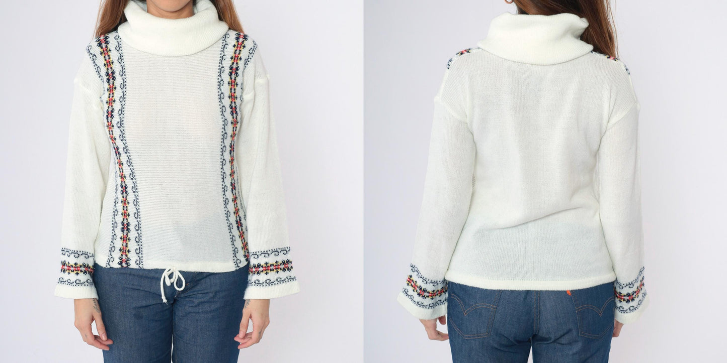 70s White Turtleneck Sweater Metallic Floral Stripe Knit Wide Sleeve Small