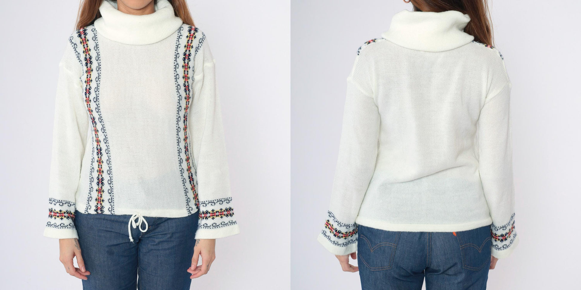 70s White Turtleneck Sweater Metallic Floral Stripe Knit Wide Sleeve Small