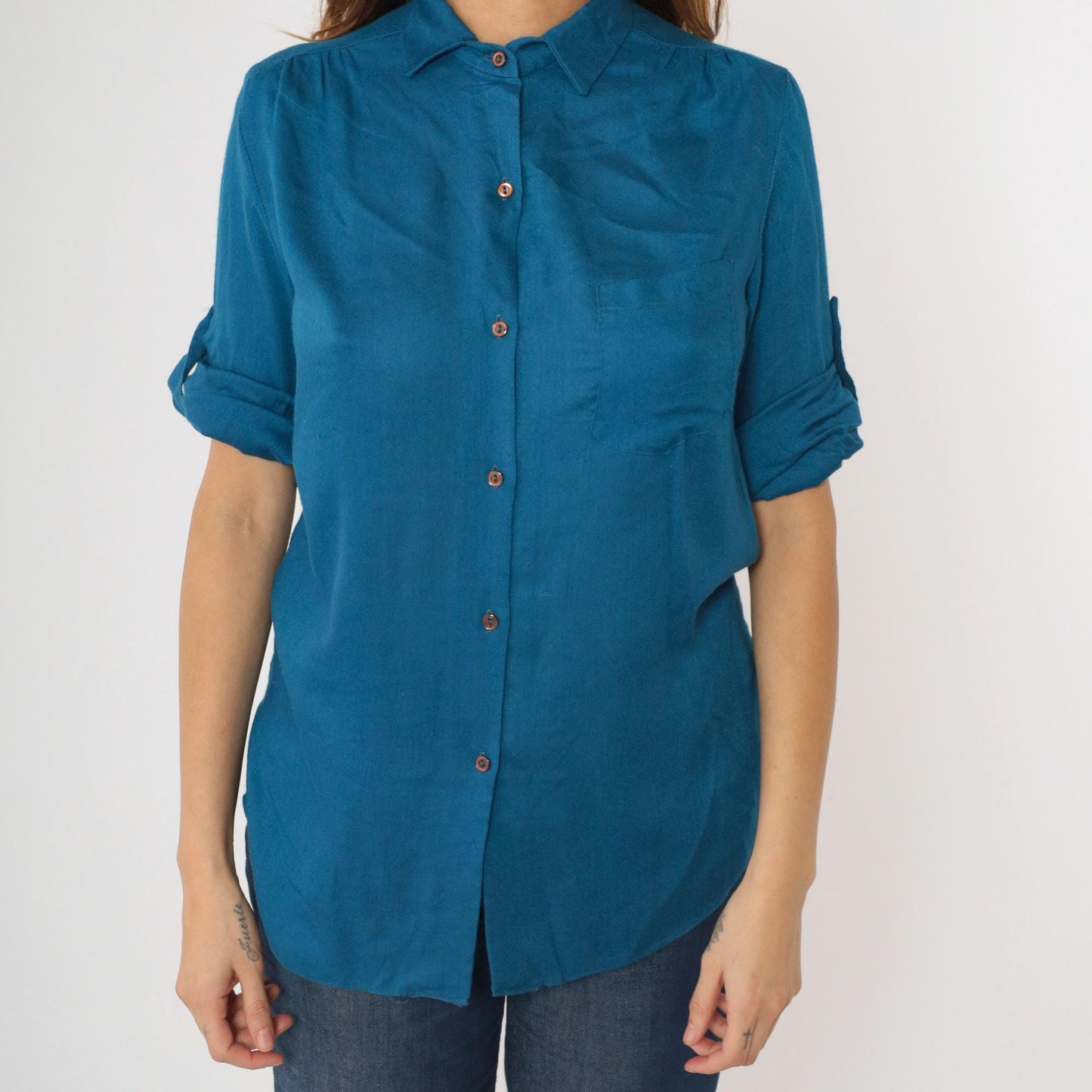 80s Blue Button-Up Blouse Roll Tab Sleeves Chest Pocket Small