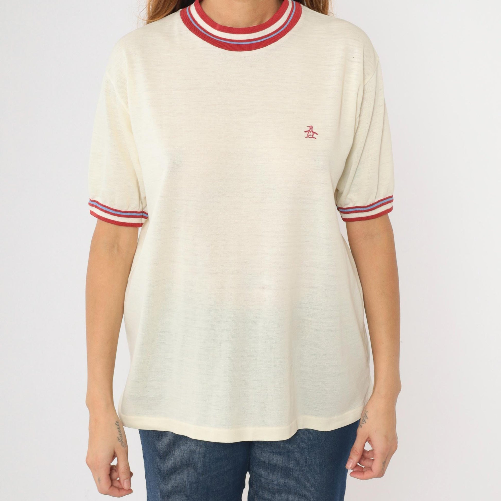 80s Munsingwear Grand Slam Penguin Ringer Tee Cream Red Striped Medium