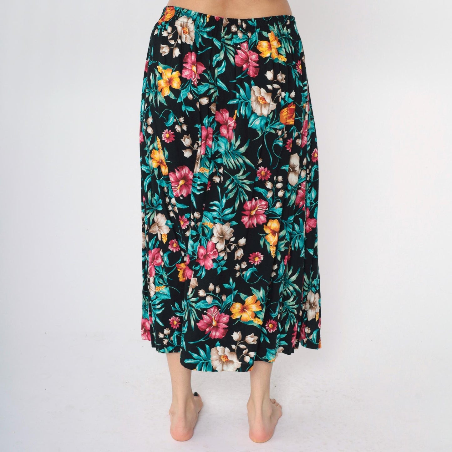 90s Tropical Floral Midi Skirt Black Rayon High Waist Large L