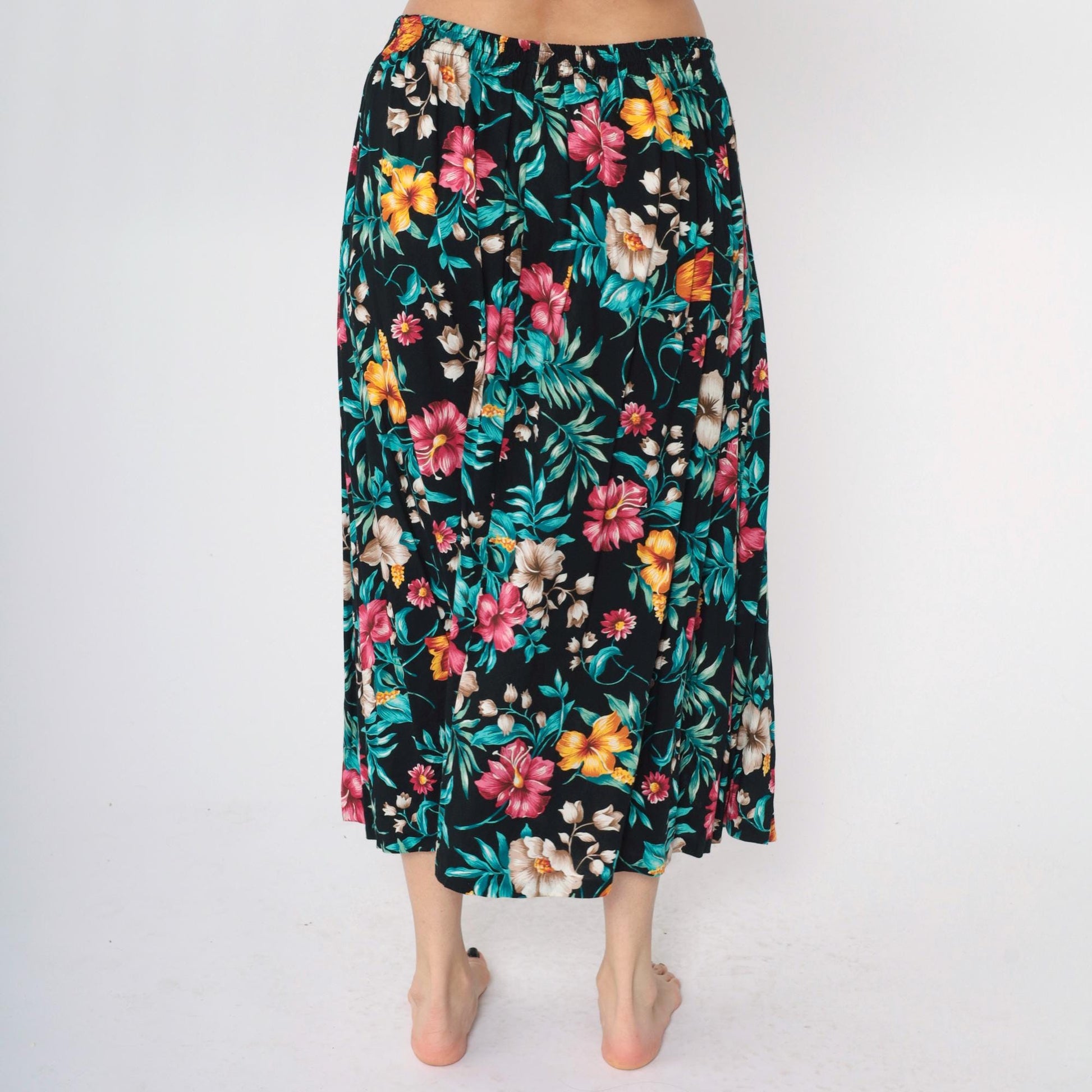 90s Tropical Floral Midi Skirt Black Rayon High Waist Large L