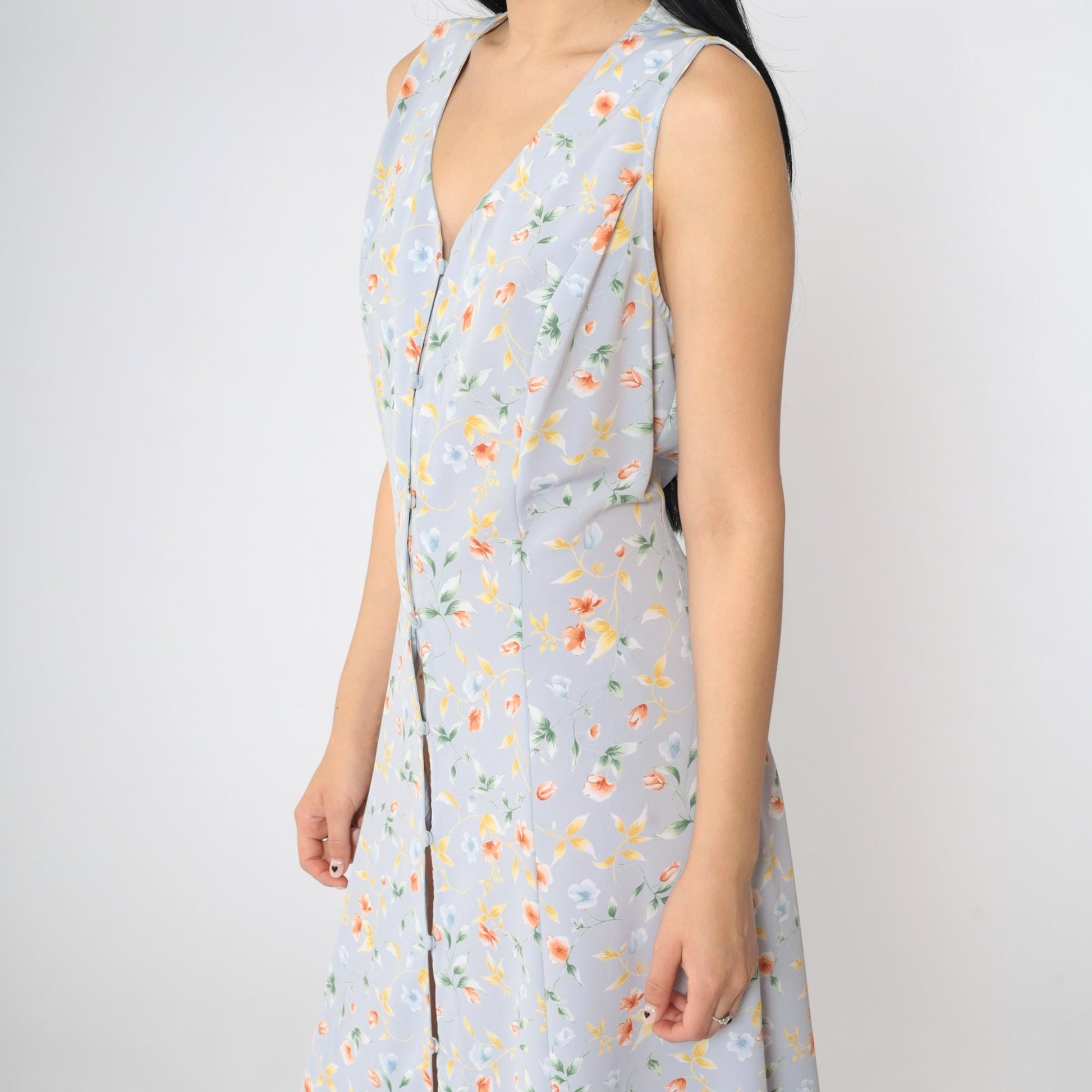90s Grey-Blue Floral Maxi Dress Button-Up V-Neck Ankle Length Medium