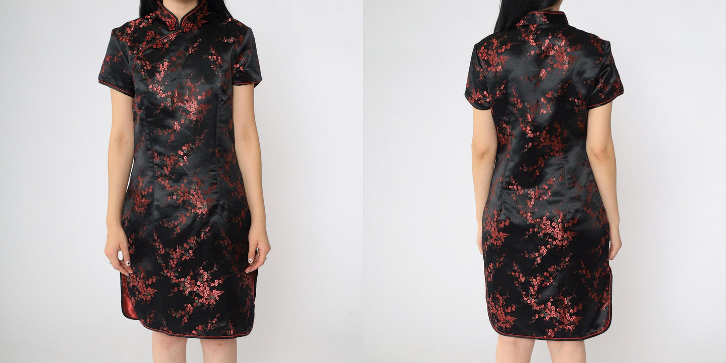 90s Black Satin Cheongsam Red Floral Jacquard Qipao Mini Dress Medium