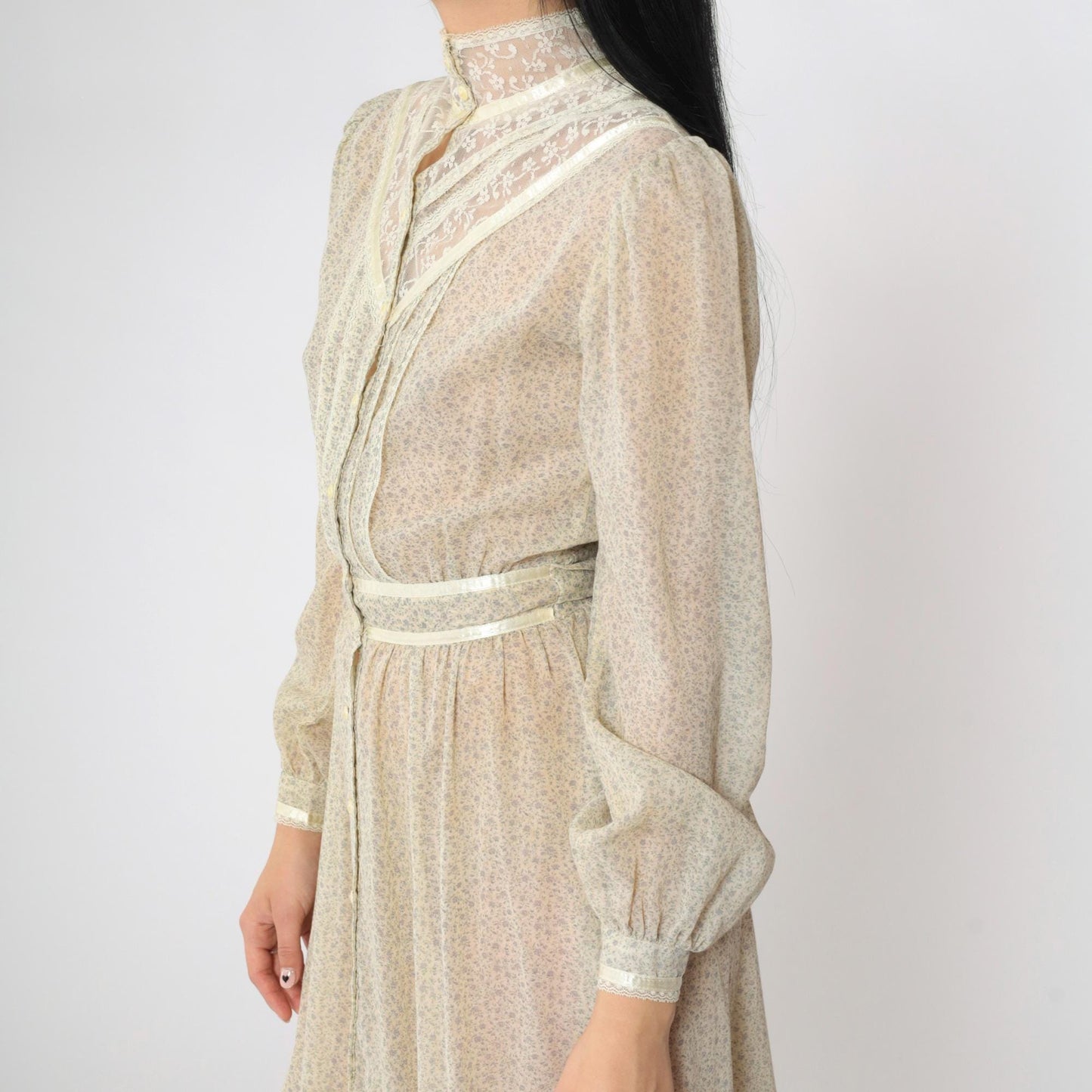 70s Gunne Sax Floral Calico Midi Dress Cream Puff Sleeve Lace Extra Small