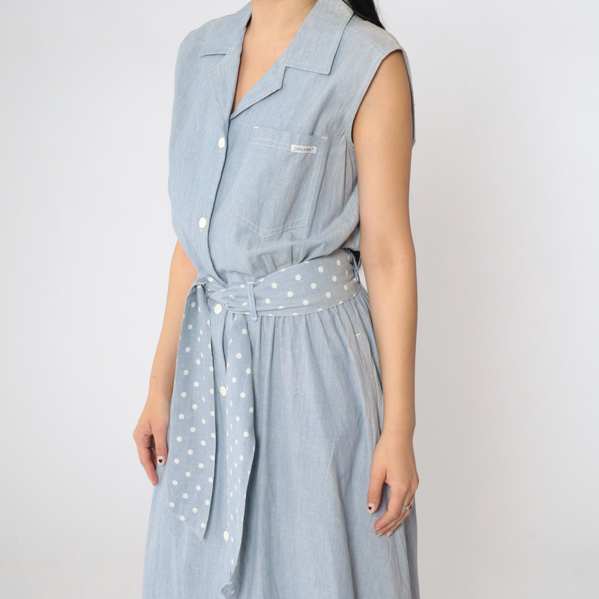 80s Blue Chambray Sleeveless Shirt Dress Polka Dot Sash Pockets Medium