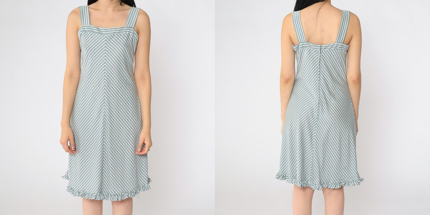 70s Chevron Striped Sundress Silver White Knee-Length Tank Small