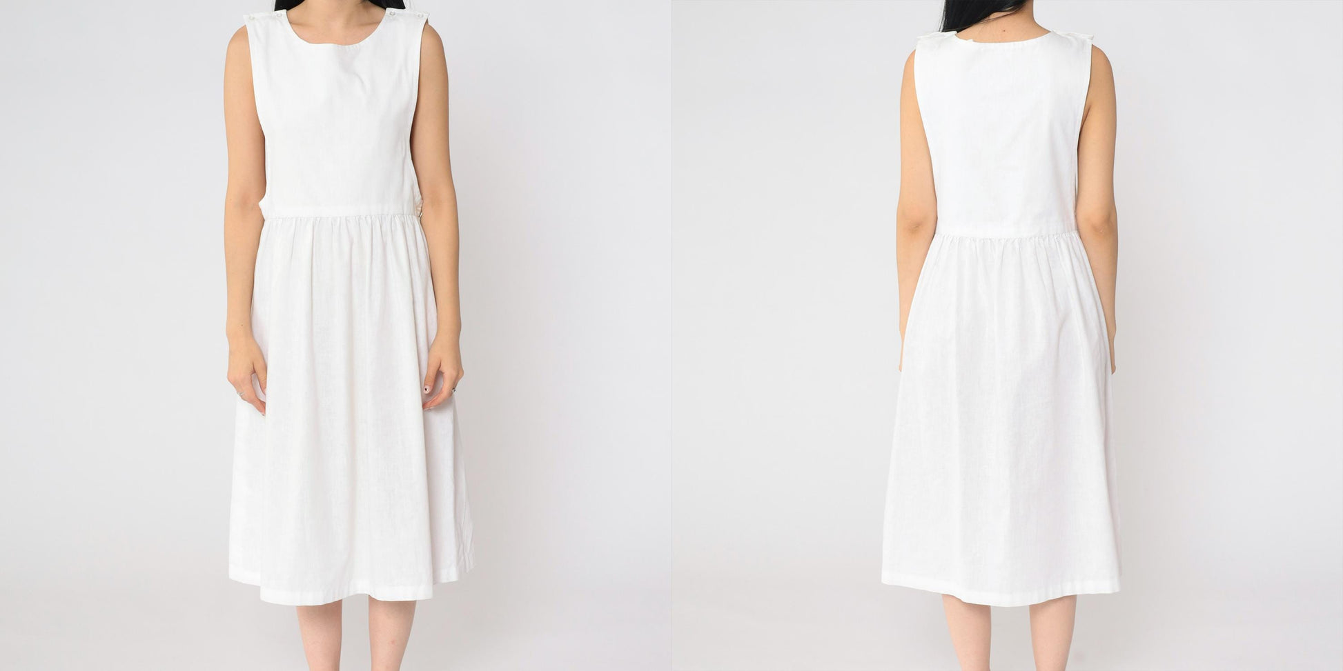 80s White Pinafore Midi Dress High Waist Low Armhole Sleeveless Medium