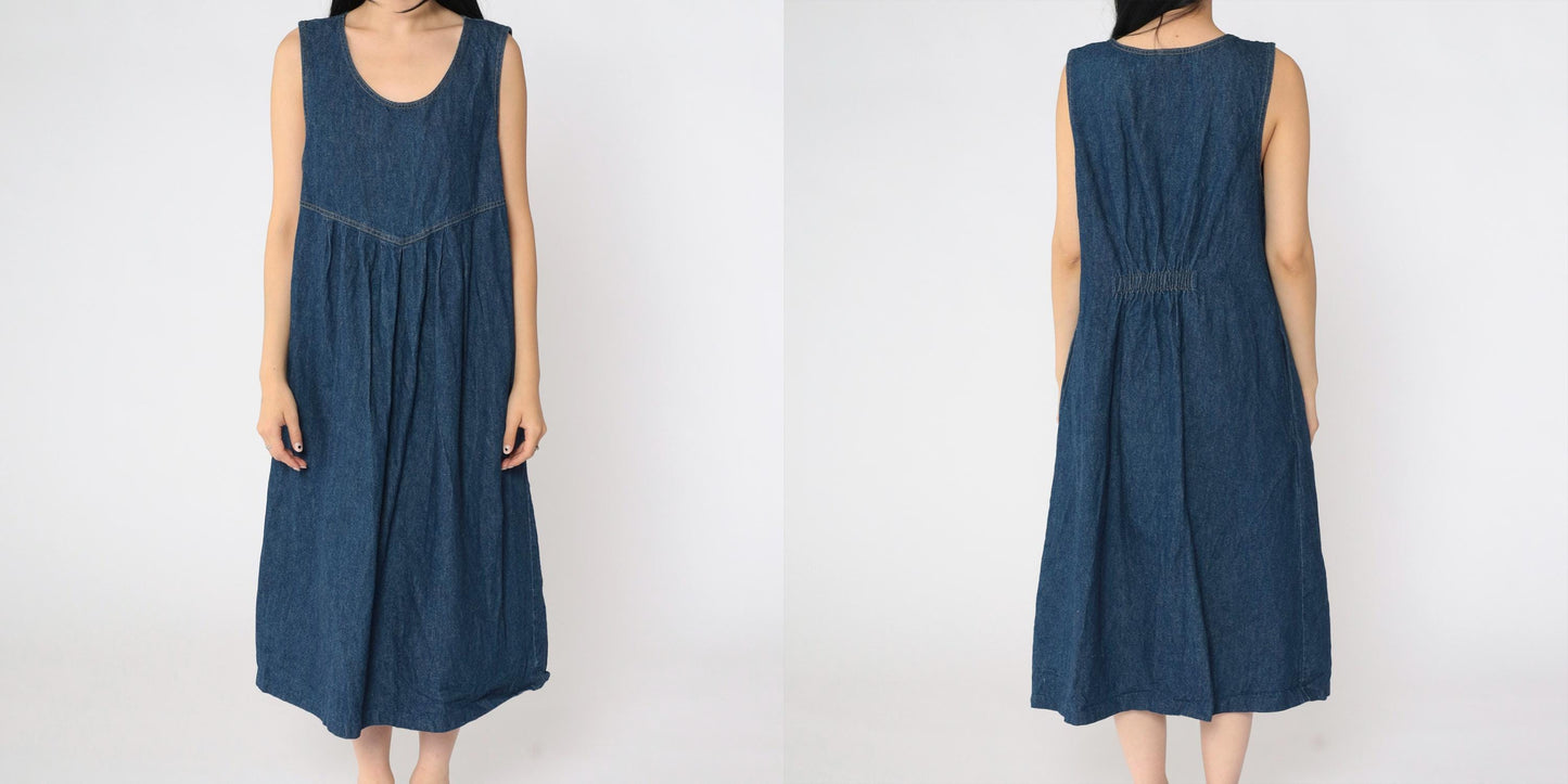 90s Dividends Maternity Denim Midi Dress Dark Blue Pleated High Waist Medium M