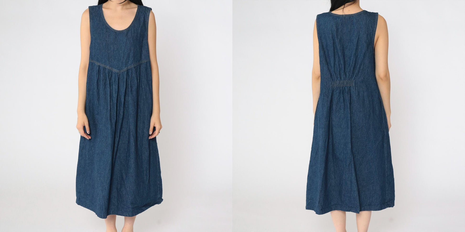 90s Dividends Maternity Denim Midi Dress Dark Blue Pleated High Waist Medium M