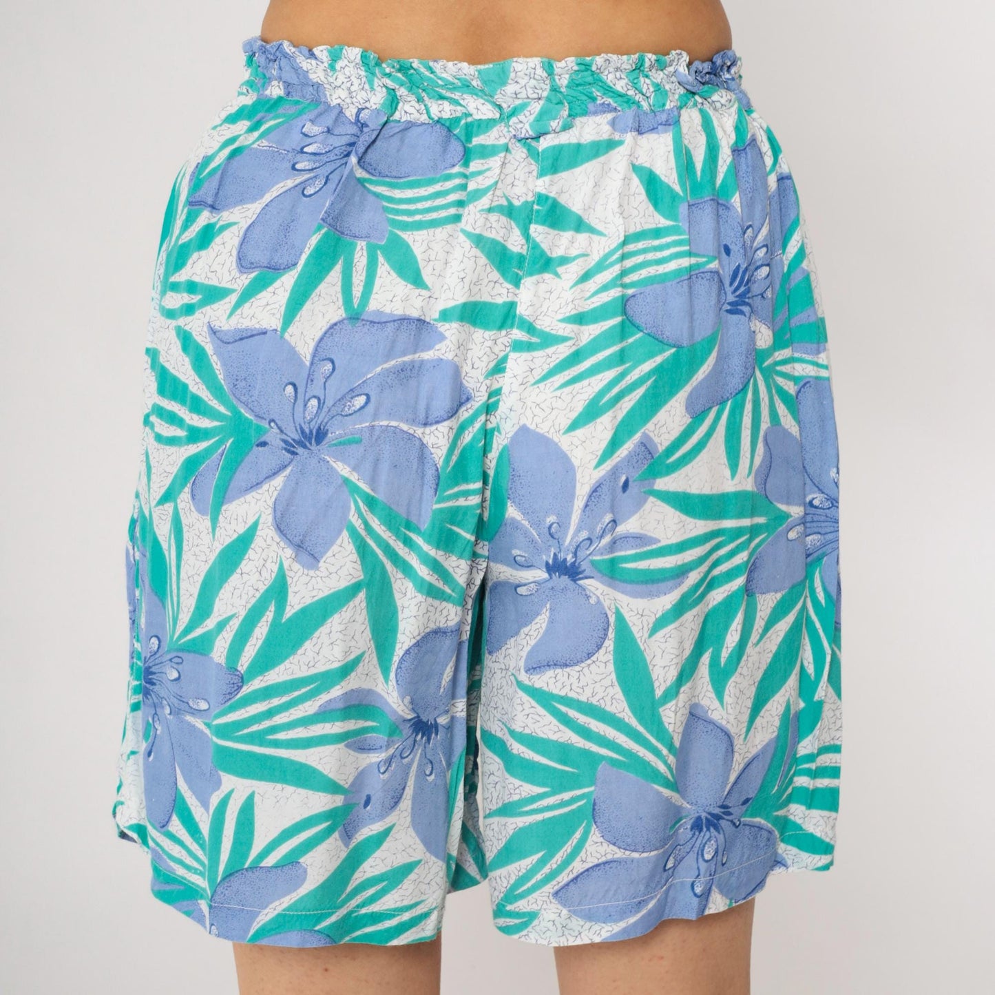 90s New Aura Floral Shorts Teal Periwinkle High Waisted Pleated Rayon Small