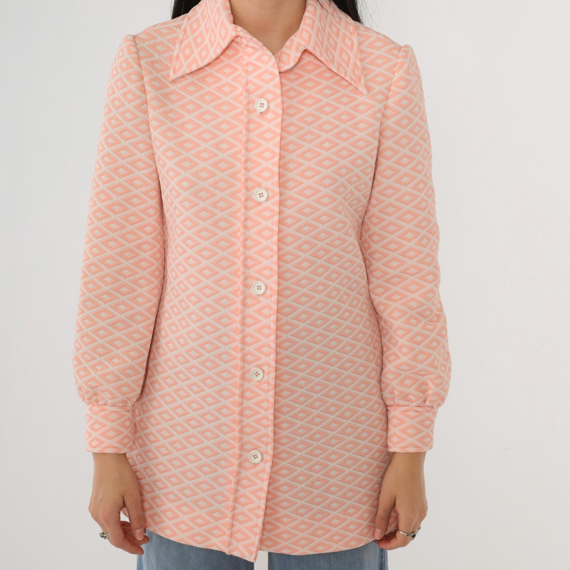 70s Saks Fifth Avenue Pink Geometric Diamond Print Dagger Collar Blouse Small