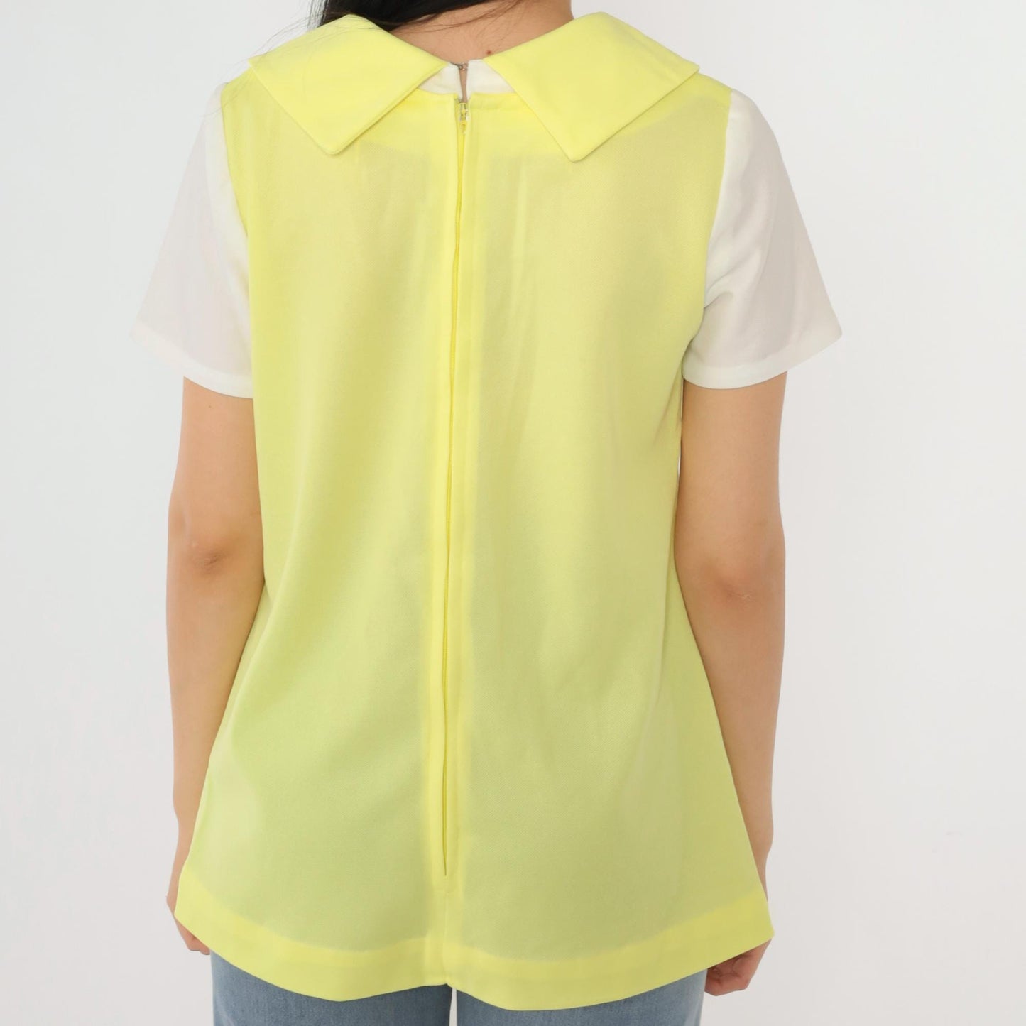 1960s Mod Yellow Pointed Collar Blouse Short Sleeve Layered Vest Pocket Top Medium M