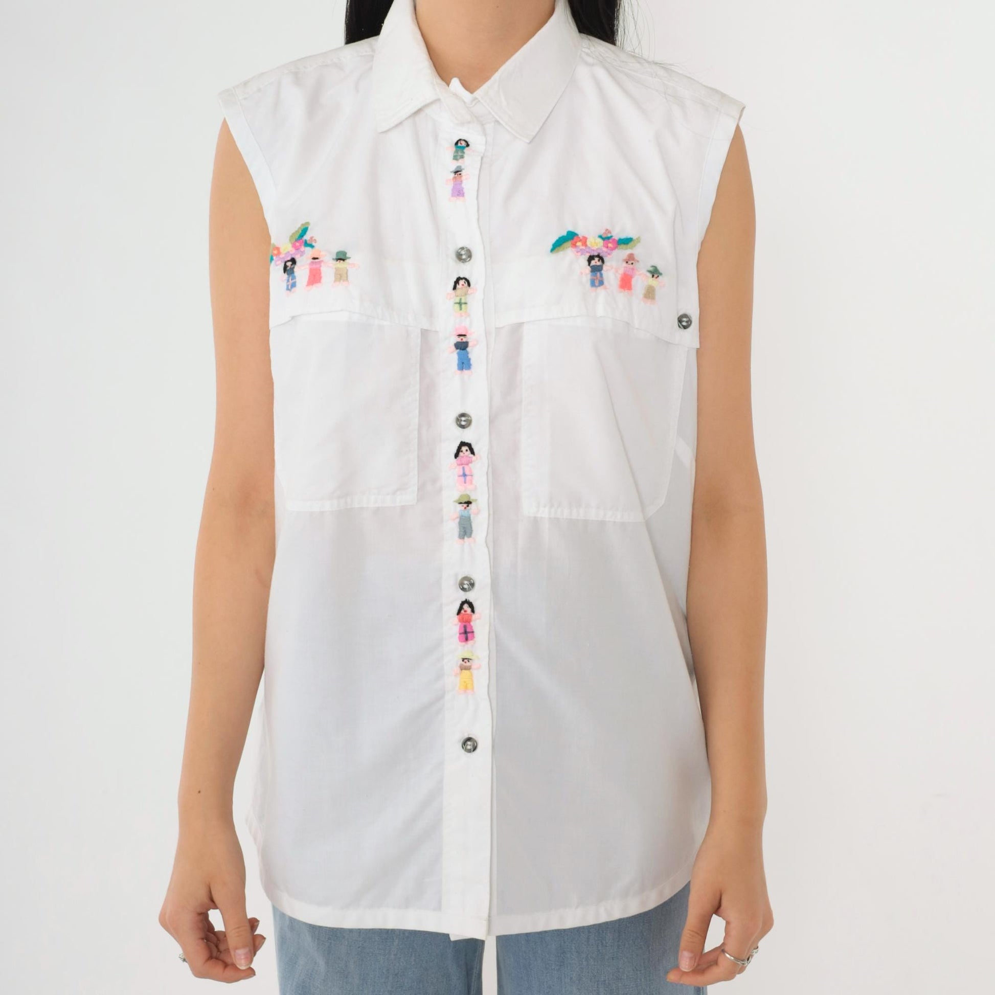 90s Embroidered White Tank Top Sleeveless Button Up Blouse Chest Pocket Medium