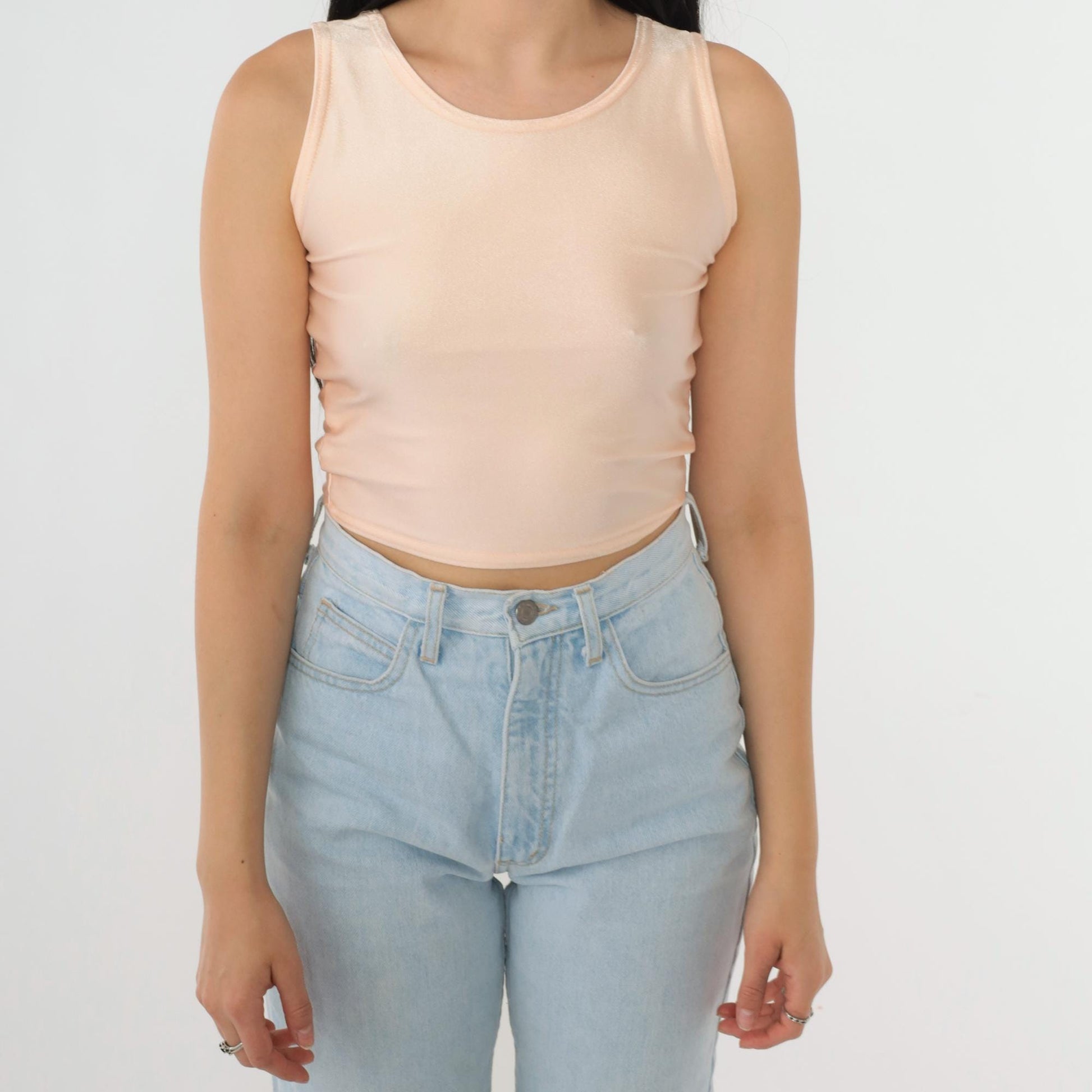 90s Shiny Peach Crop Tank Top Bodycon Fitted Extra Small XS