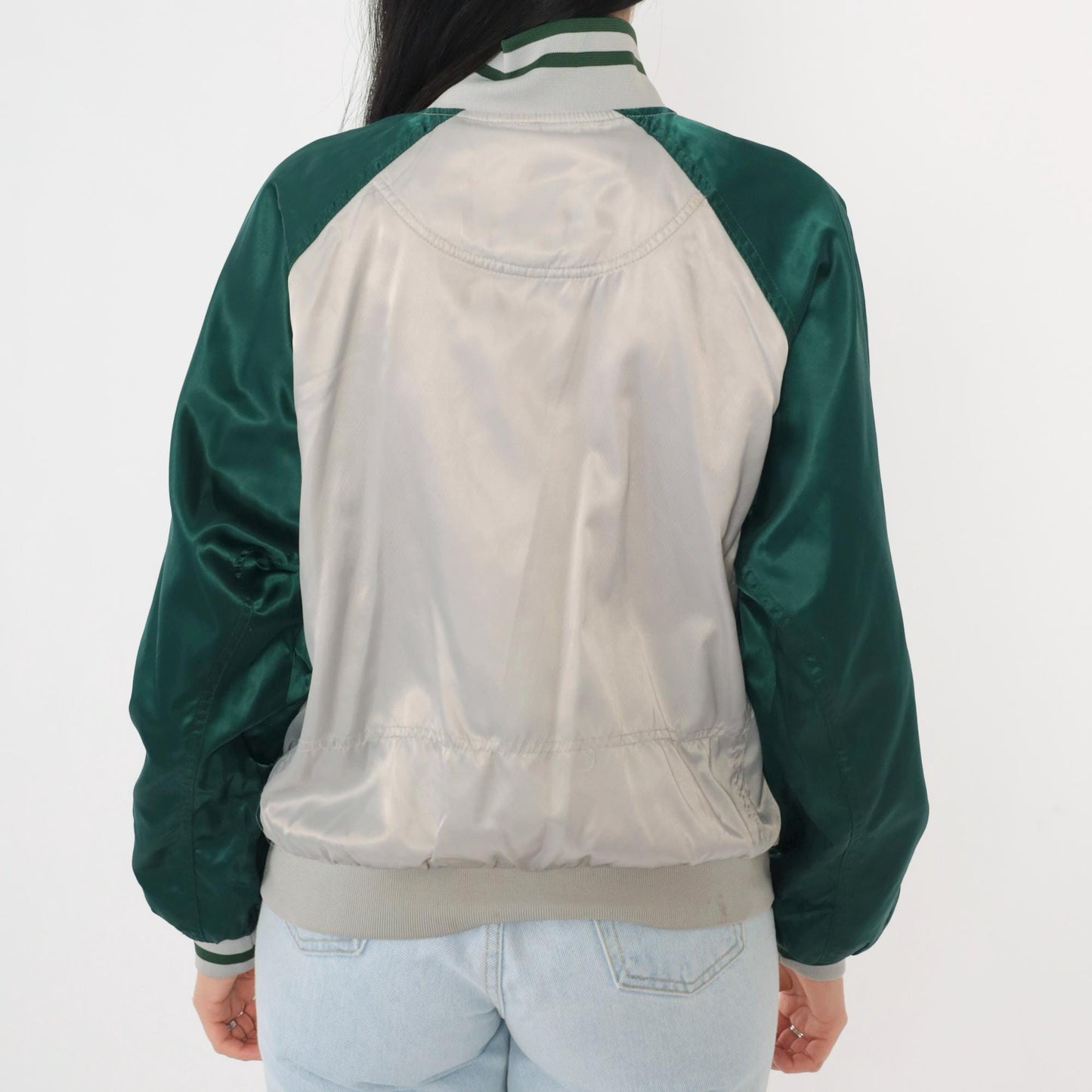 Y2K Nike Silver Satin Bomber Jacket Green Raglan Sleeve Small