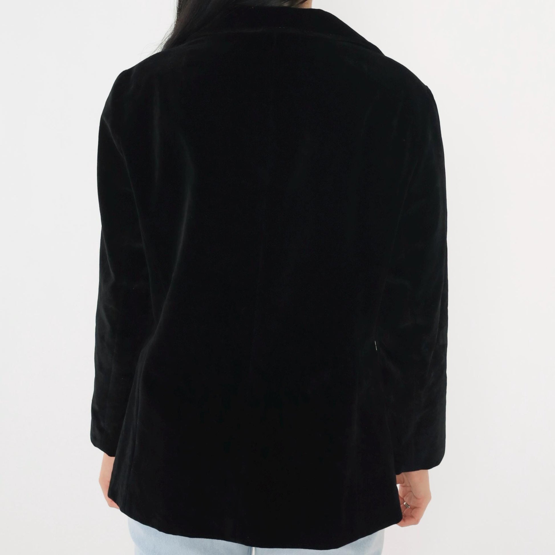 80s Black Velvet Blazer Tailored Button-Up Jacket Medium