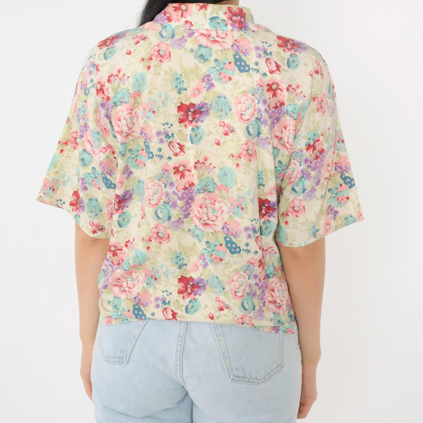 90s Judy Knapp Floral Button Up Blouse Pearl Cluster Off-White Pink Blue Small