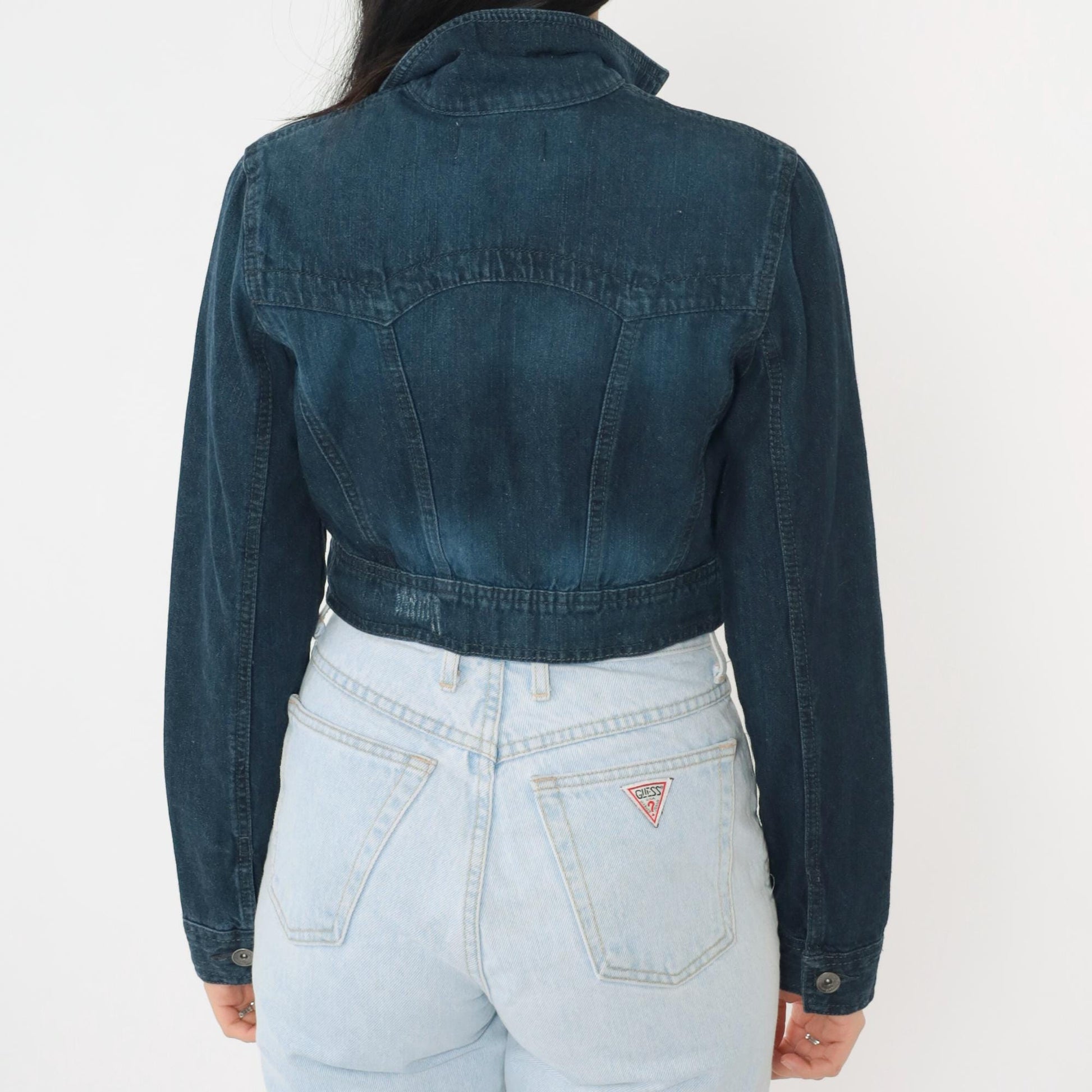 L.E.I. Cropped Dark Denim Jacket Y2K Button Front Fitted Small