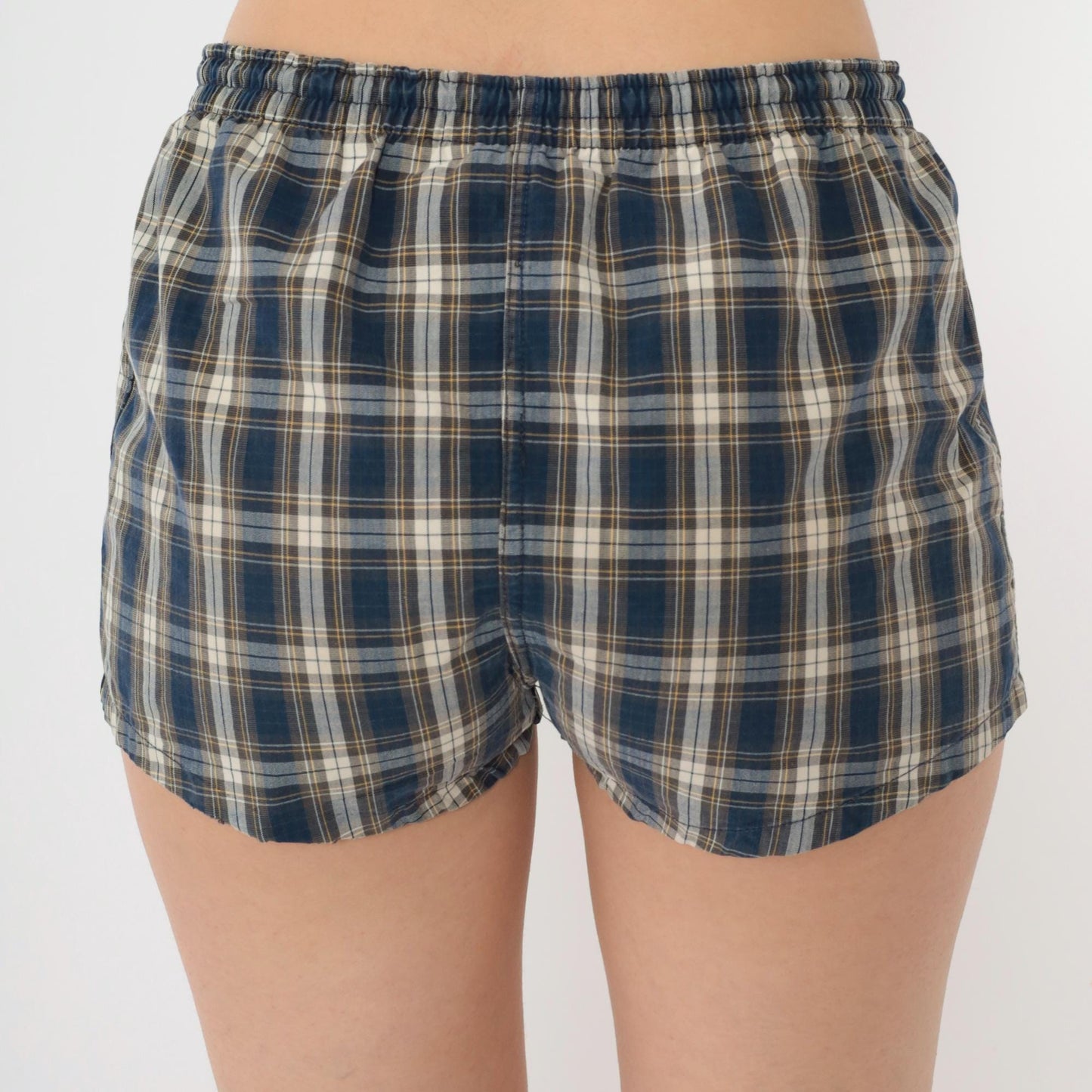 1950s Fraternity Prep Plaid Swim Shorts Blue Tan Cream Small S
