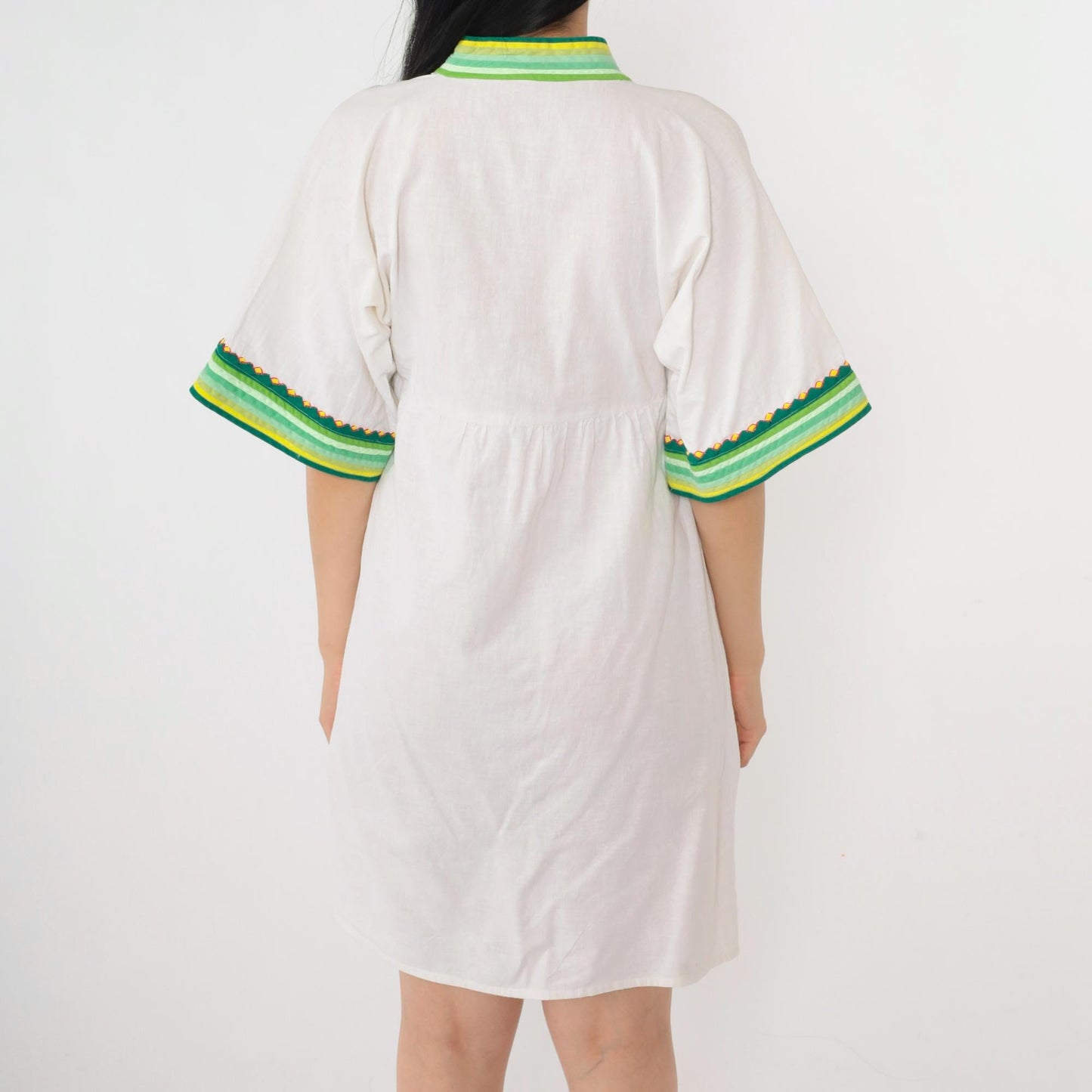 Y2K White Cotton Babydoll Dress Geometric Embroidery Empire Waist Small S