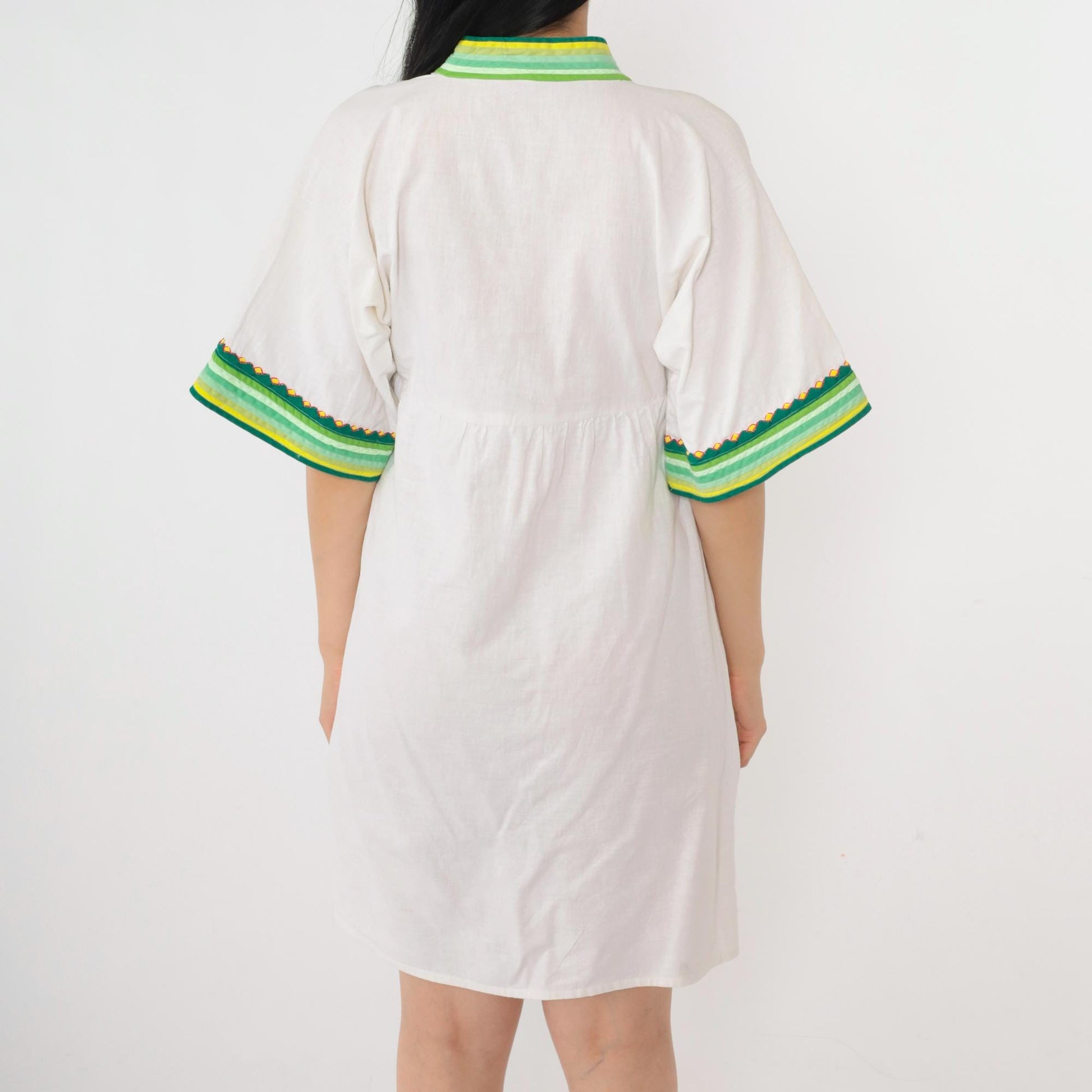 Y2K White Cotton Babydoll Dress Geometric Embroidery Empire Waist Small S