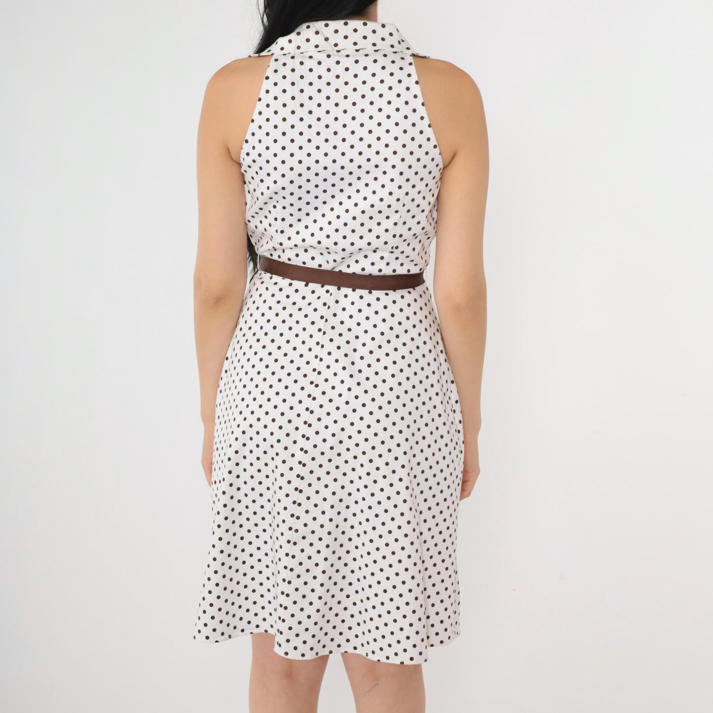 00s White Polka Dot Halter Mini Dress Brown Belt Button-Up Small 6