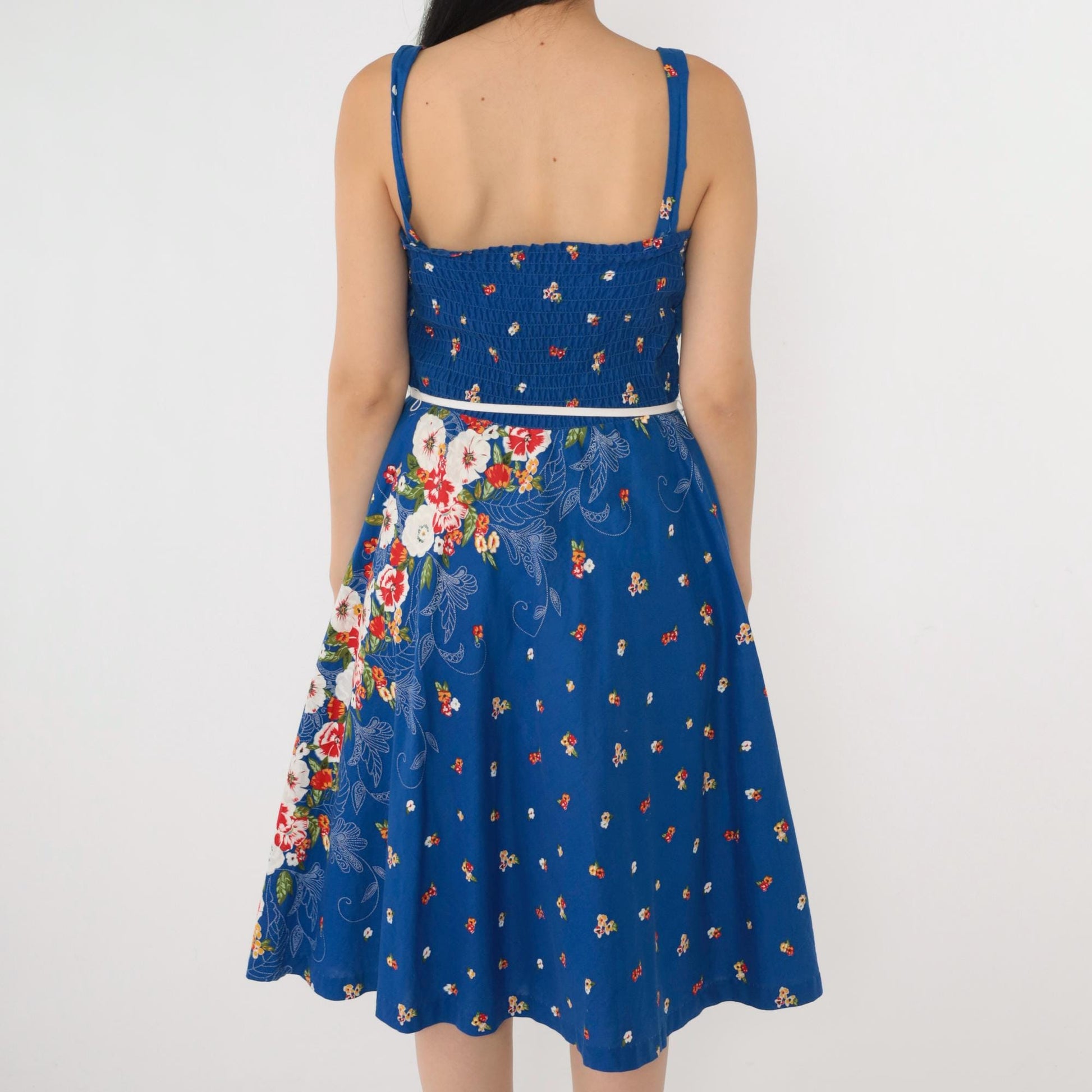 80s Royal Blue Floral Midi Dress Smocked High Waist V Neck Sleeveless Small
