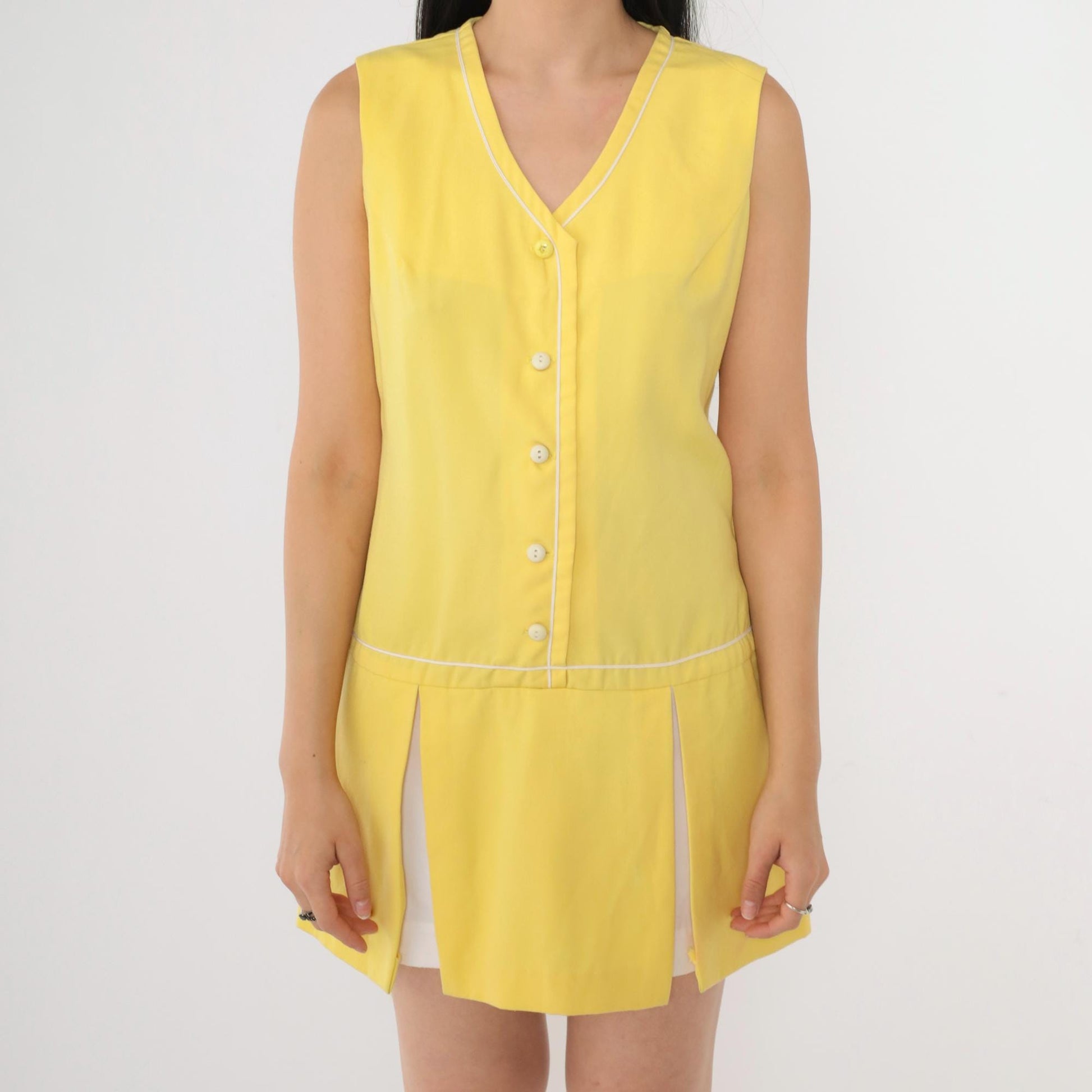 1960s Mod Yellow Mini Dress Drop Waist Button Front White Piping Small S
